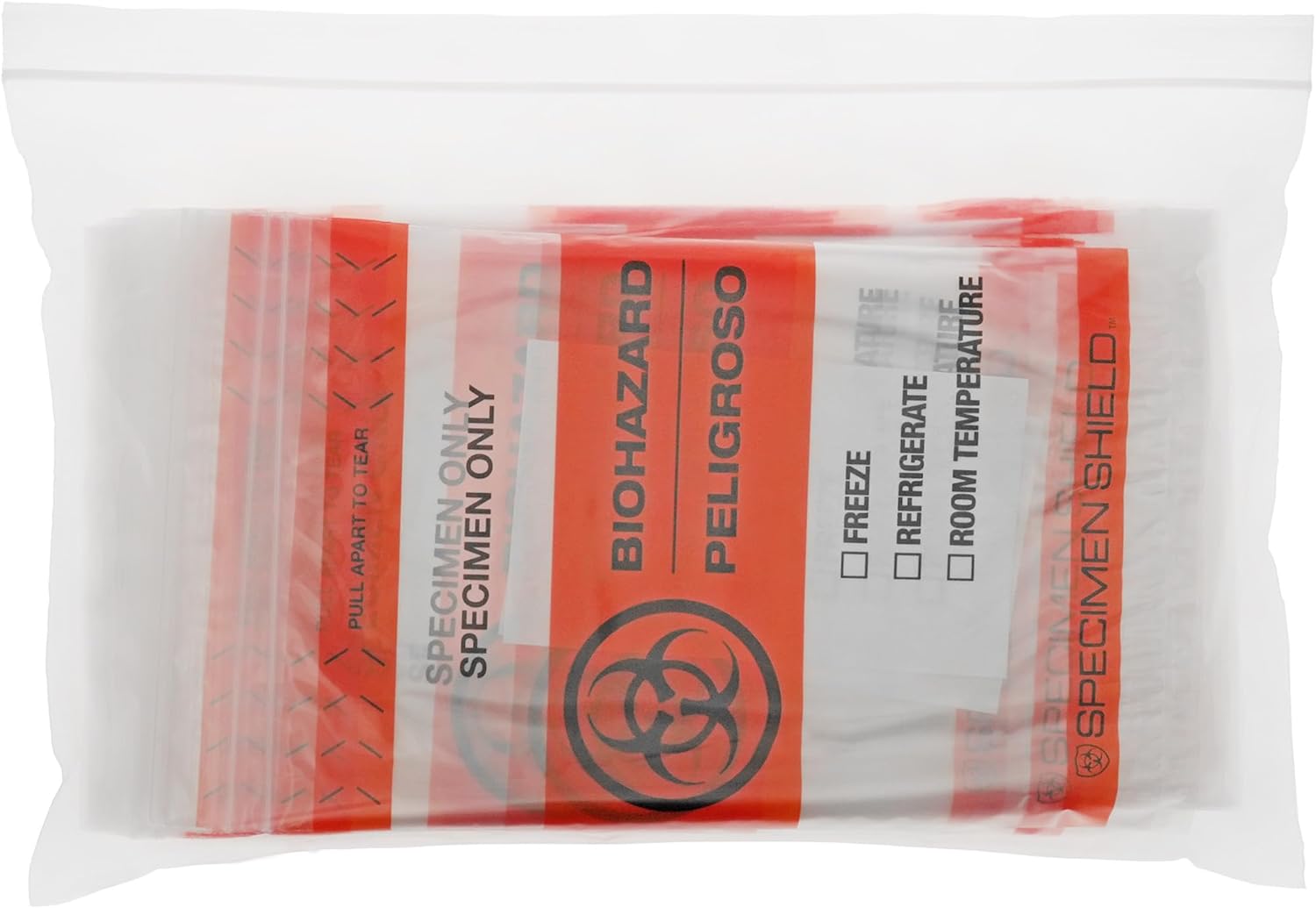 Plymor 6" x 9" (Case of 1,000), 2 Mil Biohazard Zipper Bags with Absorbent Pad, Back Pouch, and Tear-Off Zip Top