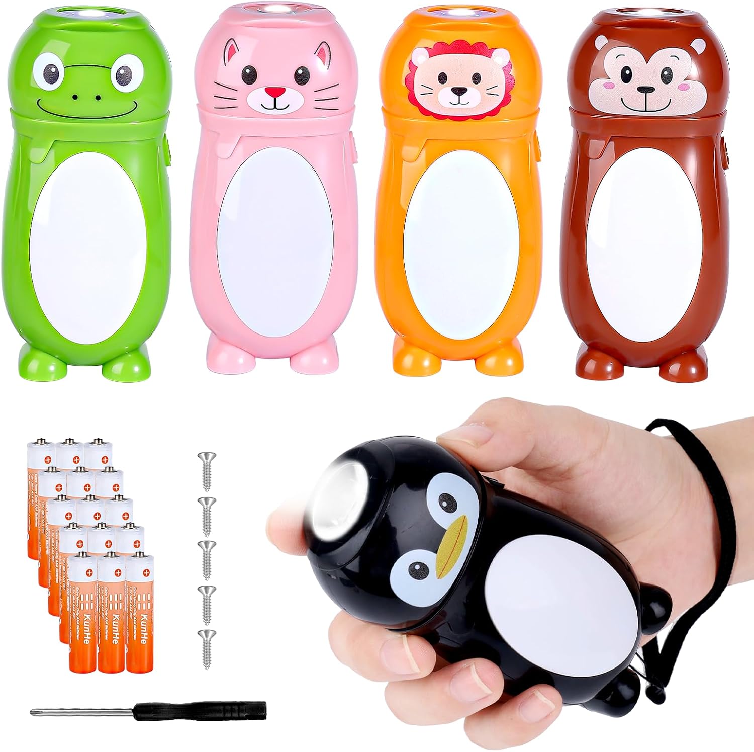 KunHe 5 Pack Animal Flashlights for Kids 2 in 1 Camping Lantern Flashlights Christmas Stocking Stuffers Flashlights Small Toddler Flashlight Kids Party Favors Halloween Christmas Gift for Girls Boys