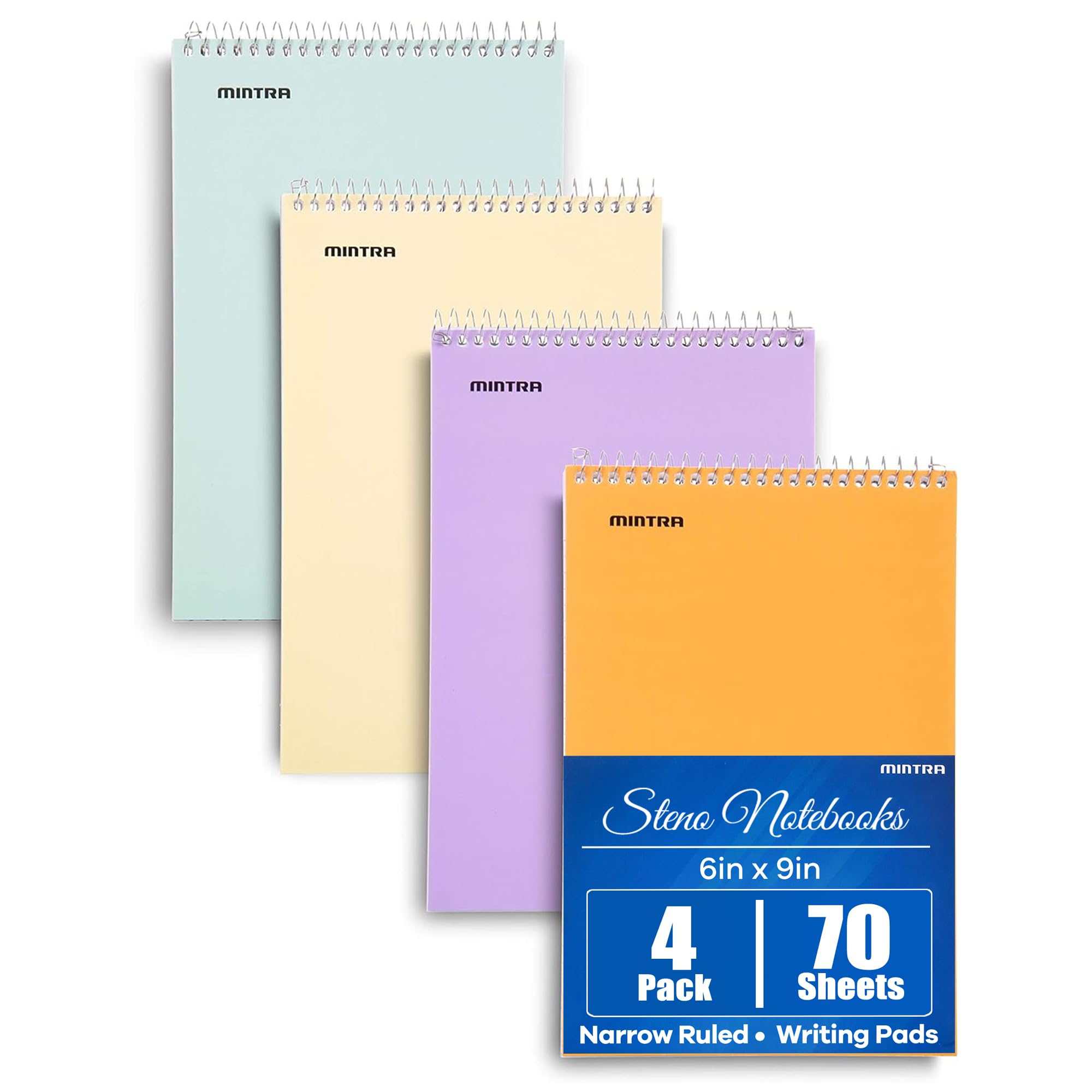 Mintra Office Steno Book - (Pastel Colors, 4 Pads/Pack, Narrow Ruled) - 6inx9in, 70 Sheets, Notebook for writing notes in school, university, college, work, office