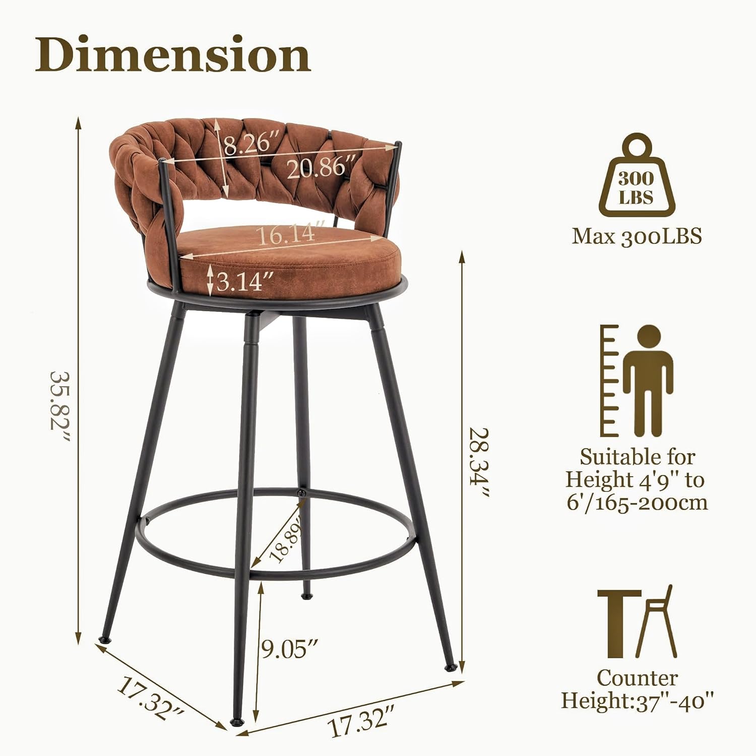 Bar Stools Set of 3, 28 Inch Barstool with Metal Legs, 360° Swivel Counter Height Bar Stools with Woven Back, Upholstered Suede, Modern Chair for Kitchen Island, Cafe