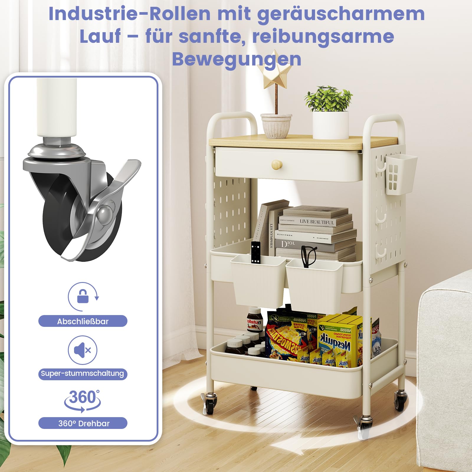 danpinera Rollwagen mit 3 Ebenen, Rollwagen Metall mit Schubladen & Stecktafeln, Servierwagen, Bastelwagen, Küchenwagen mit Rollen für Küche, Wohnzimmer, Badezimmer, Haken und hängende Bechern, Weiß