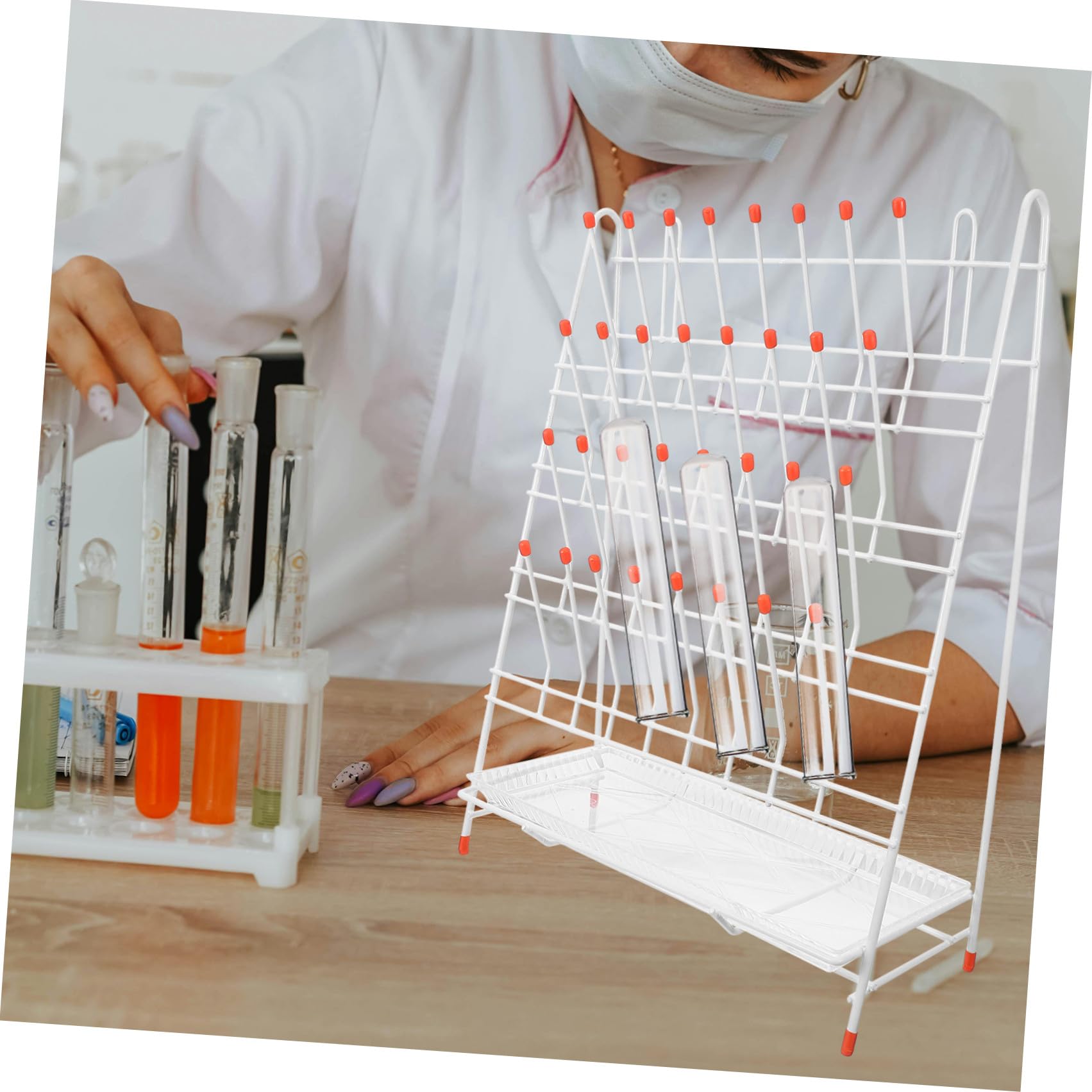 Rack Essiccazione da Laboratorio in Ferro Bianco 32 Posti Design a 32 Supporti, Alta Stabilità e Durata per Essiccazione Bottiglie e Provette