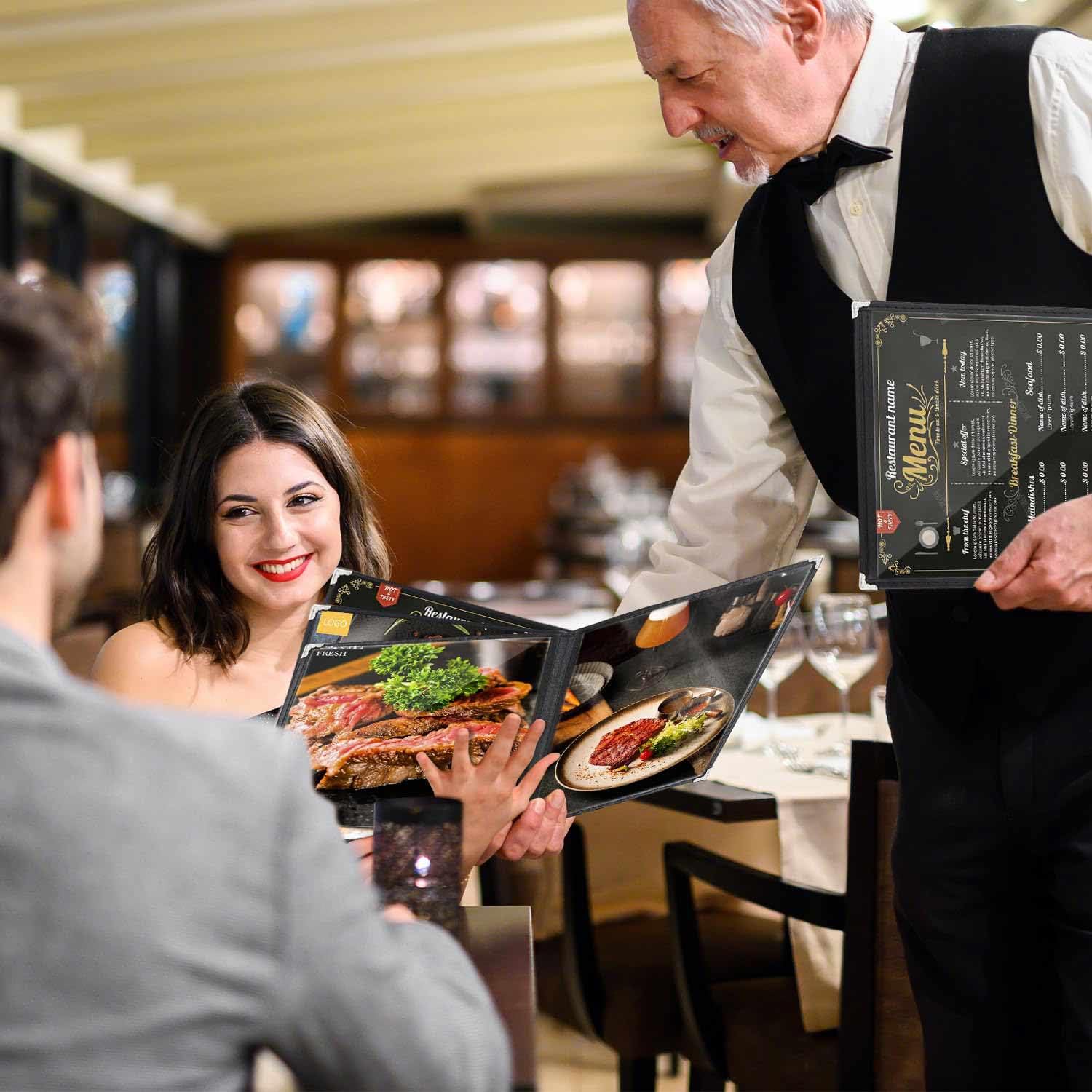 WenYa Fundas de menú A4 (paquete de 20), 4 páginas, 8 vistas, soportes para menús estilo cafetería, borde negro, cubierta transparente para menú de vino con protectores de esquina de metal, se adapta