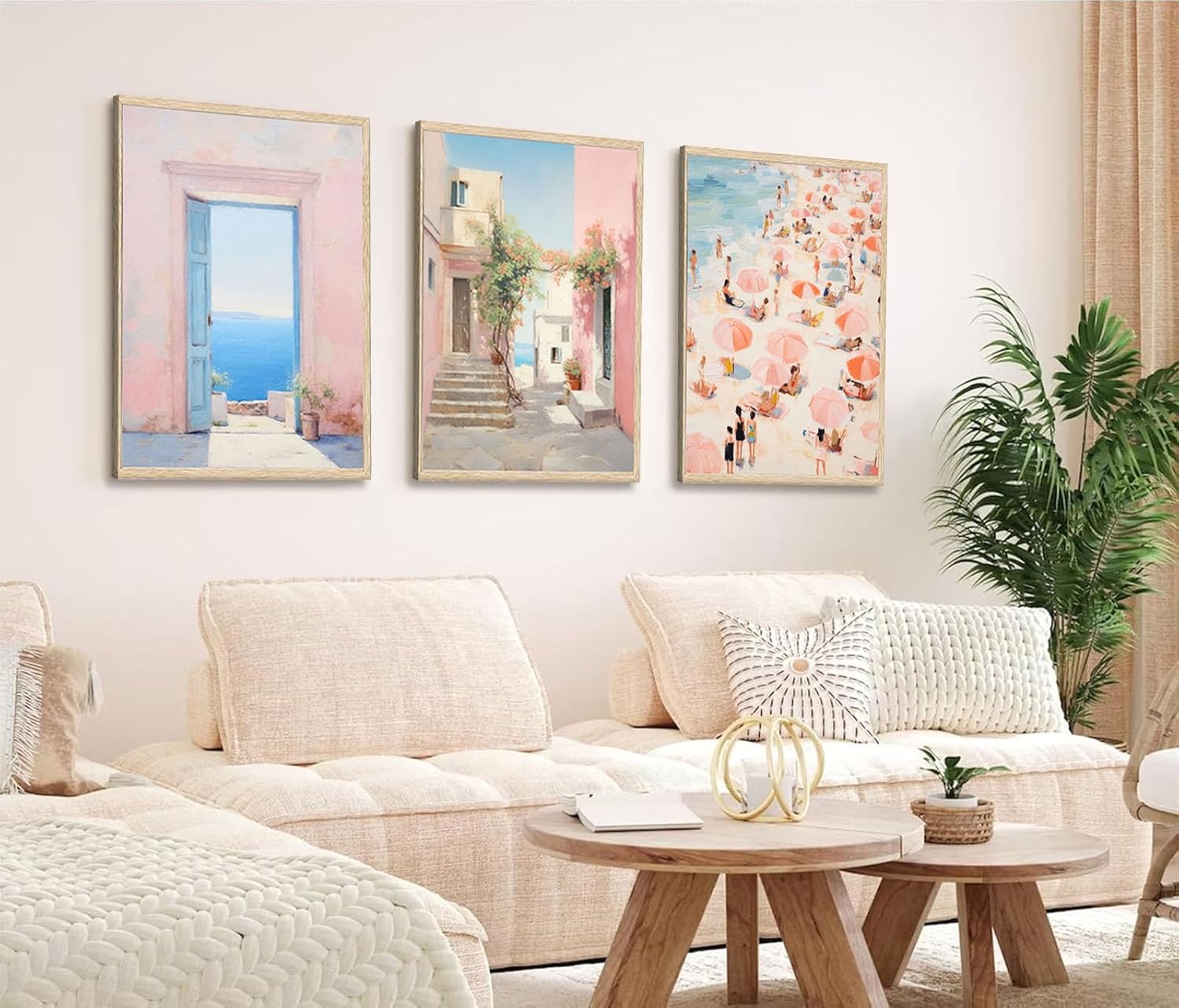 3Pcs Trendy Pink Beach Wall Art Pastel Preppy Coastal Ocean Painting Picture Wall Decor Retro Sea Beachy Scene Canvas Posters Print Artwork for Teen Girl Dorm Girls Room Aesthetic Decor 16x24in Poster