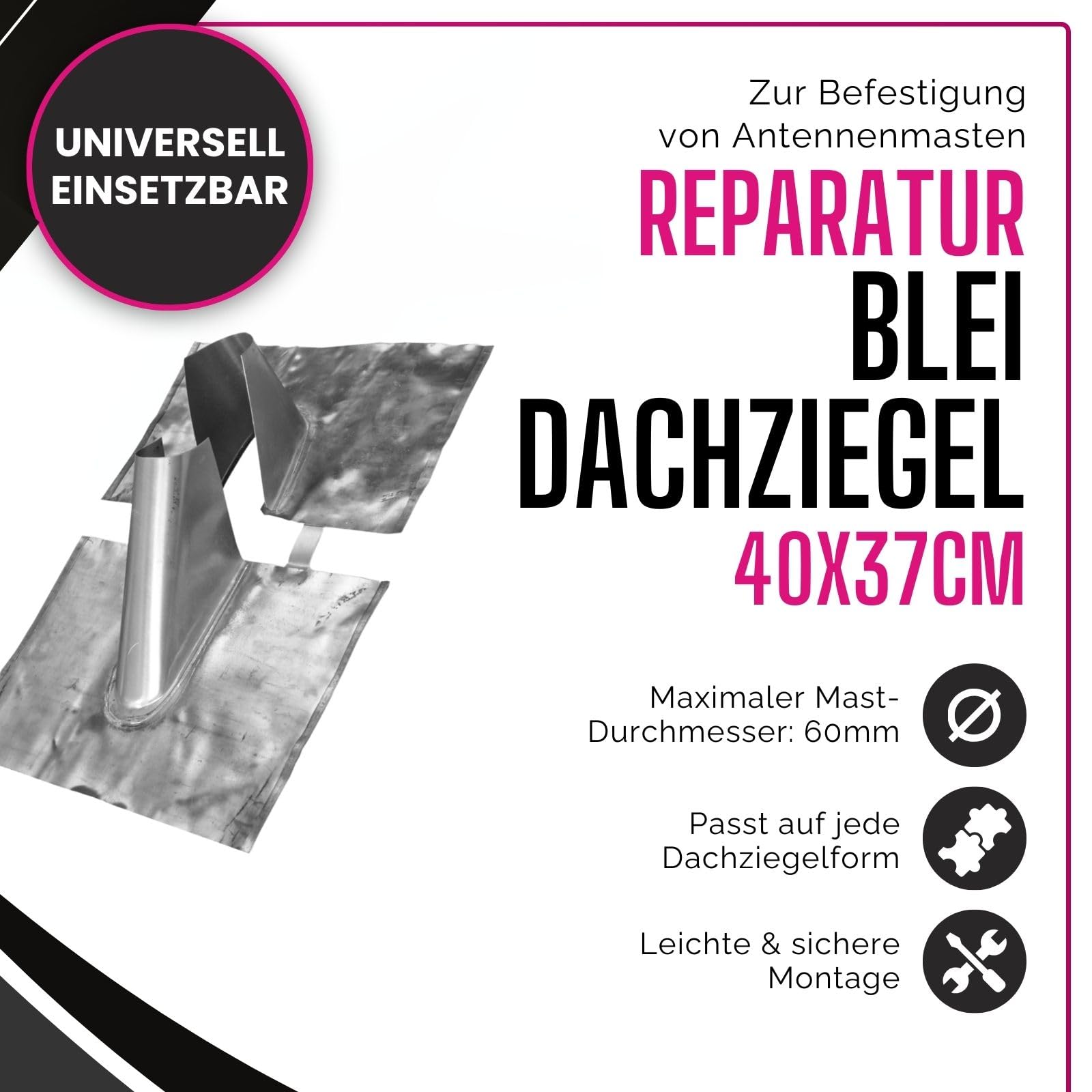 Reparatur Bleidachziegel 40 x 37 cm - ohne Kabeldurchführung I Antennenziegel für Mast bis 60 mm Durchmesser I Universal Dachdurchführung wetterfest zweiteilig I Zubehör Antennenmast