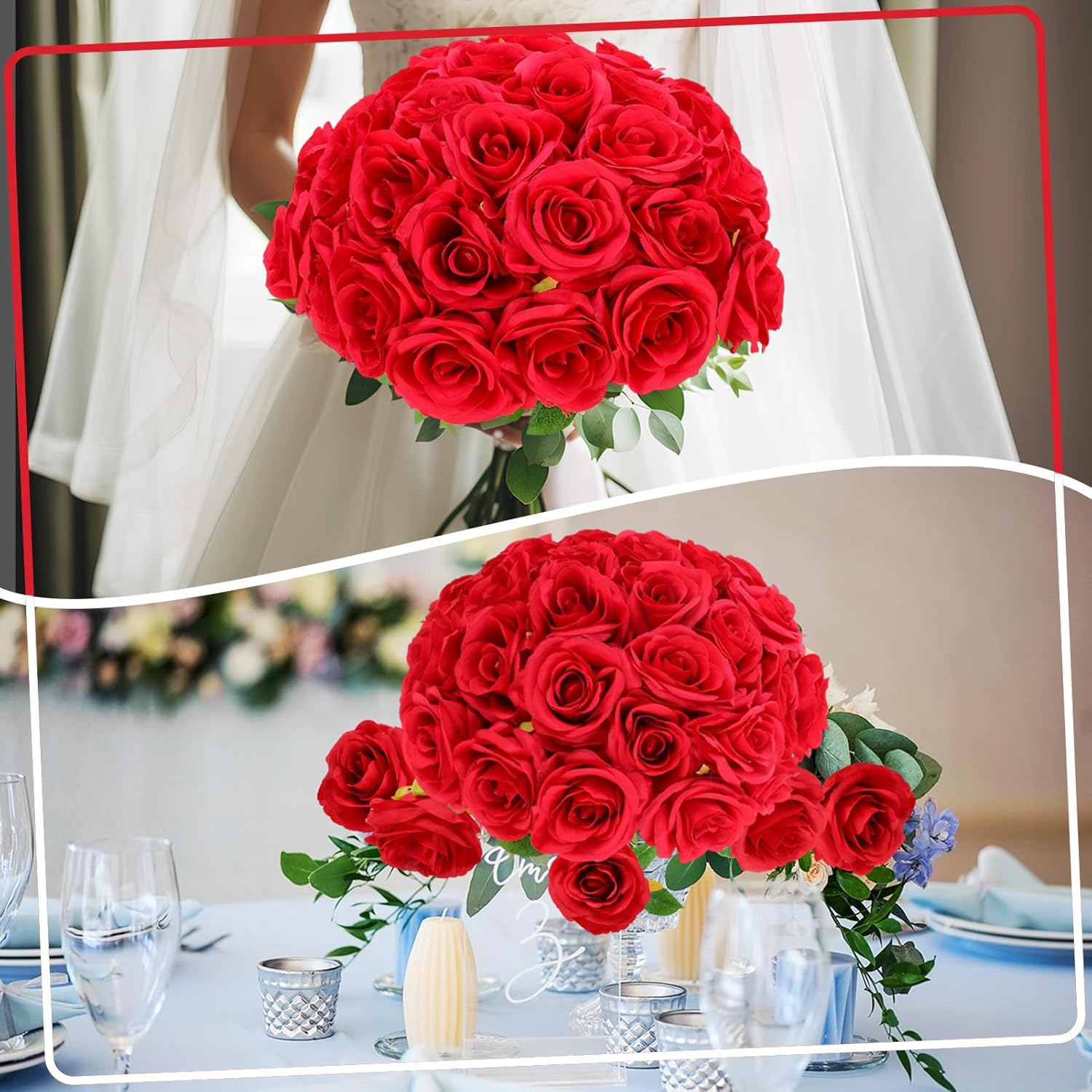 32 Pcs Red Artificial Flowers Roses Fake, Silk Flowers with Stems for DIY Wedding Gothic Bridal Shower Centerpieces Arrangements Tables Decorations - Image 8