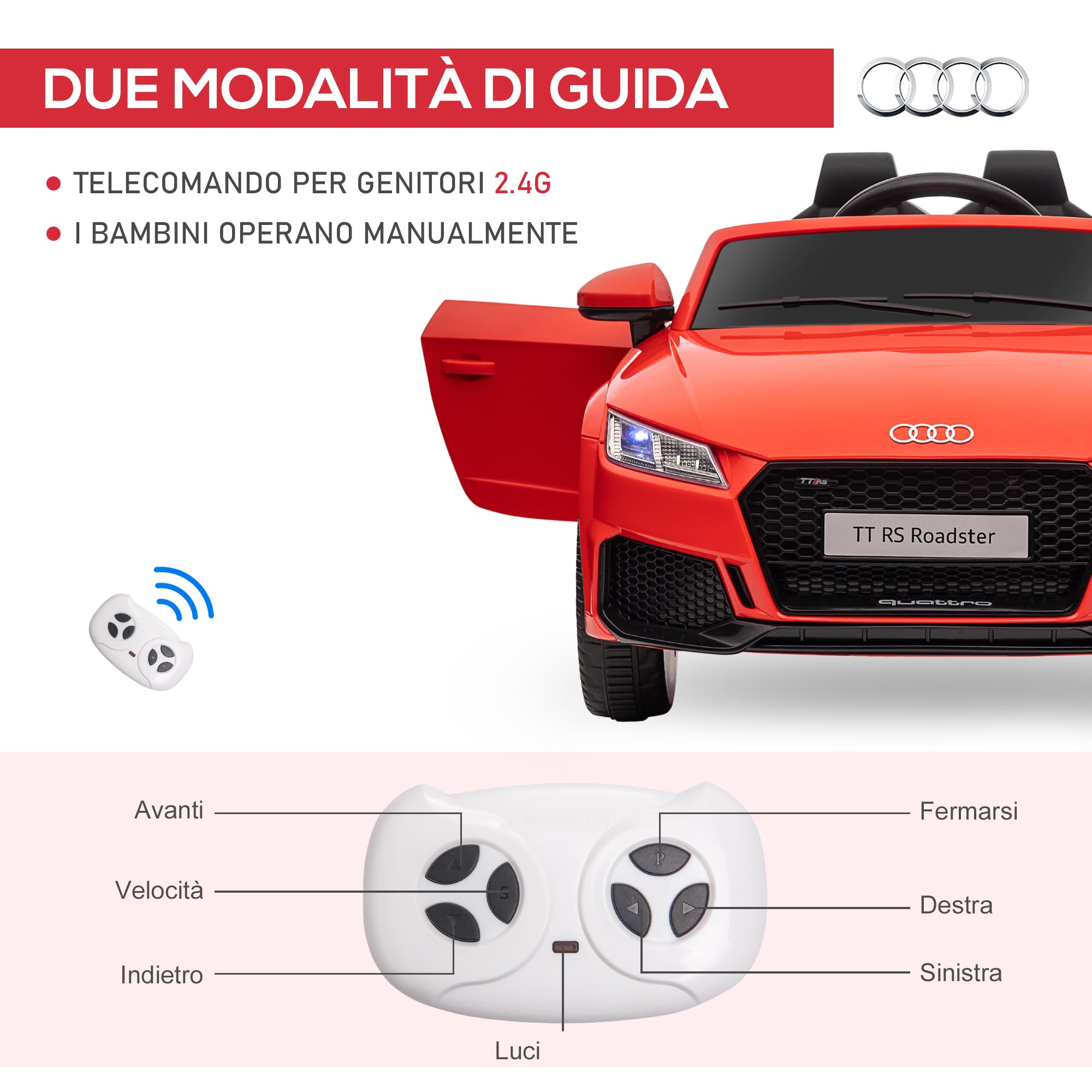 HOMCOM Macchina Elettrica per Bambini 3-5 Anni 12V 3Km/h Licenza AUDI TT, Auto Elettrica per Bambini con 2 Motori, Telecomando 2.4G, Clacson, Musica e Fari LED, Rosso