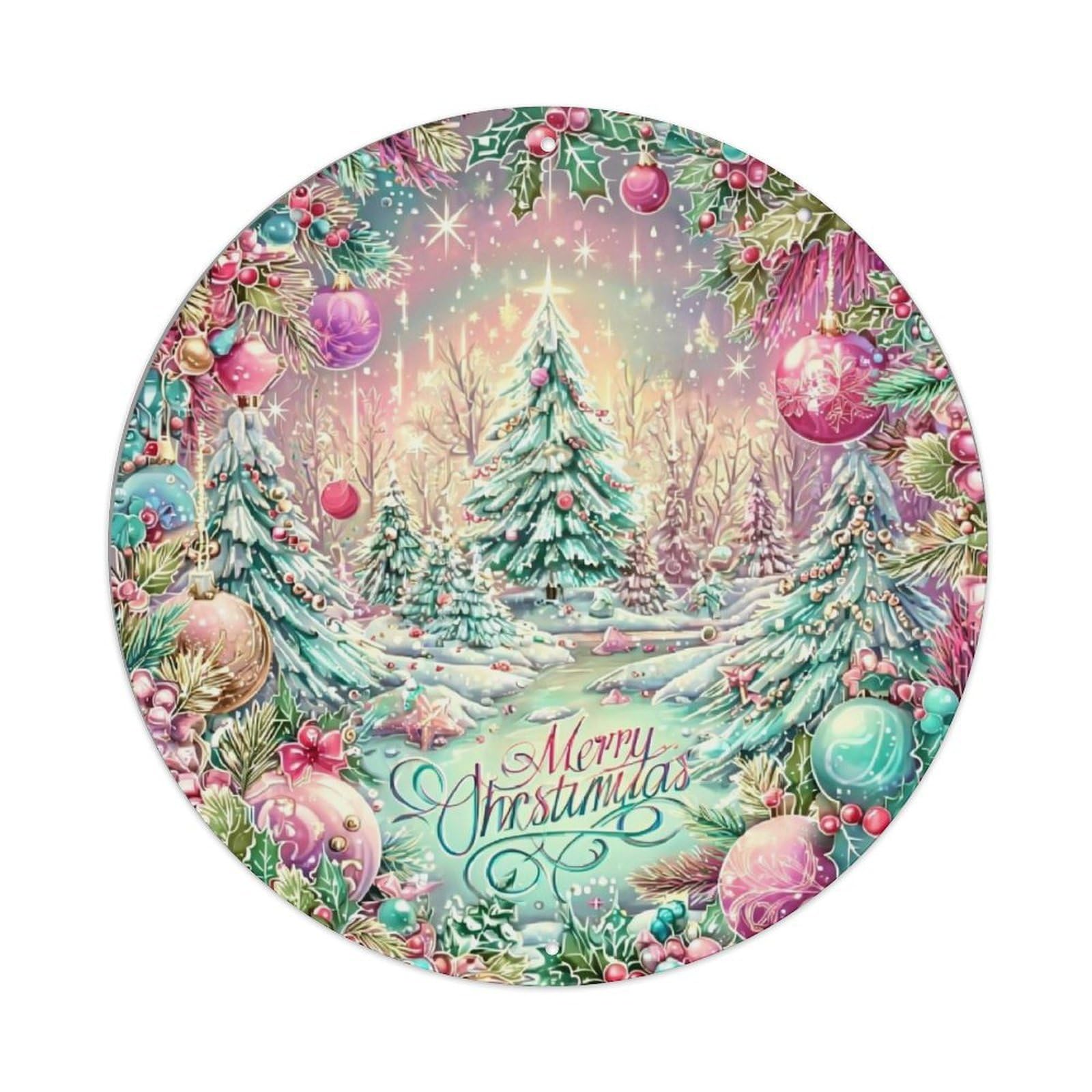 Christmas Tree Snowflake Ornament Winter Retro Metal Sign Round Tin Sign, Vintage Decor Art Poster for Bar, Home, Man Cave, Kitchen, Laundry Room Gift 8x8Inch