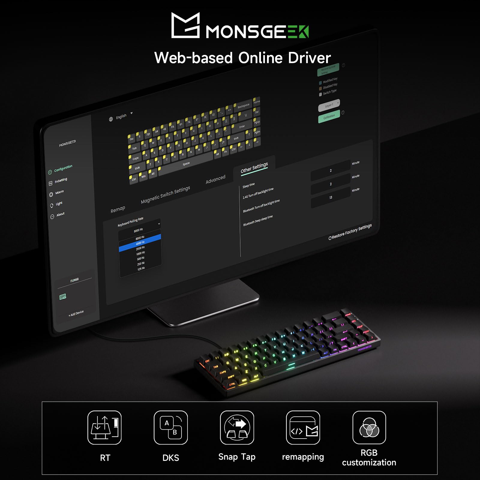 MONSGEEK FUN68 HE Teclado 65% Switch Magnético Rapid Trigger Cable | Teclado Gaming Negro Hall Effect, 8000Hz, Precisión RT0.005mm, Activación Ajustable Gaming y Trabajo