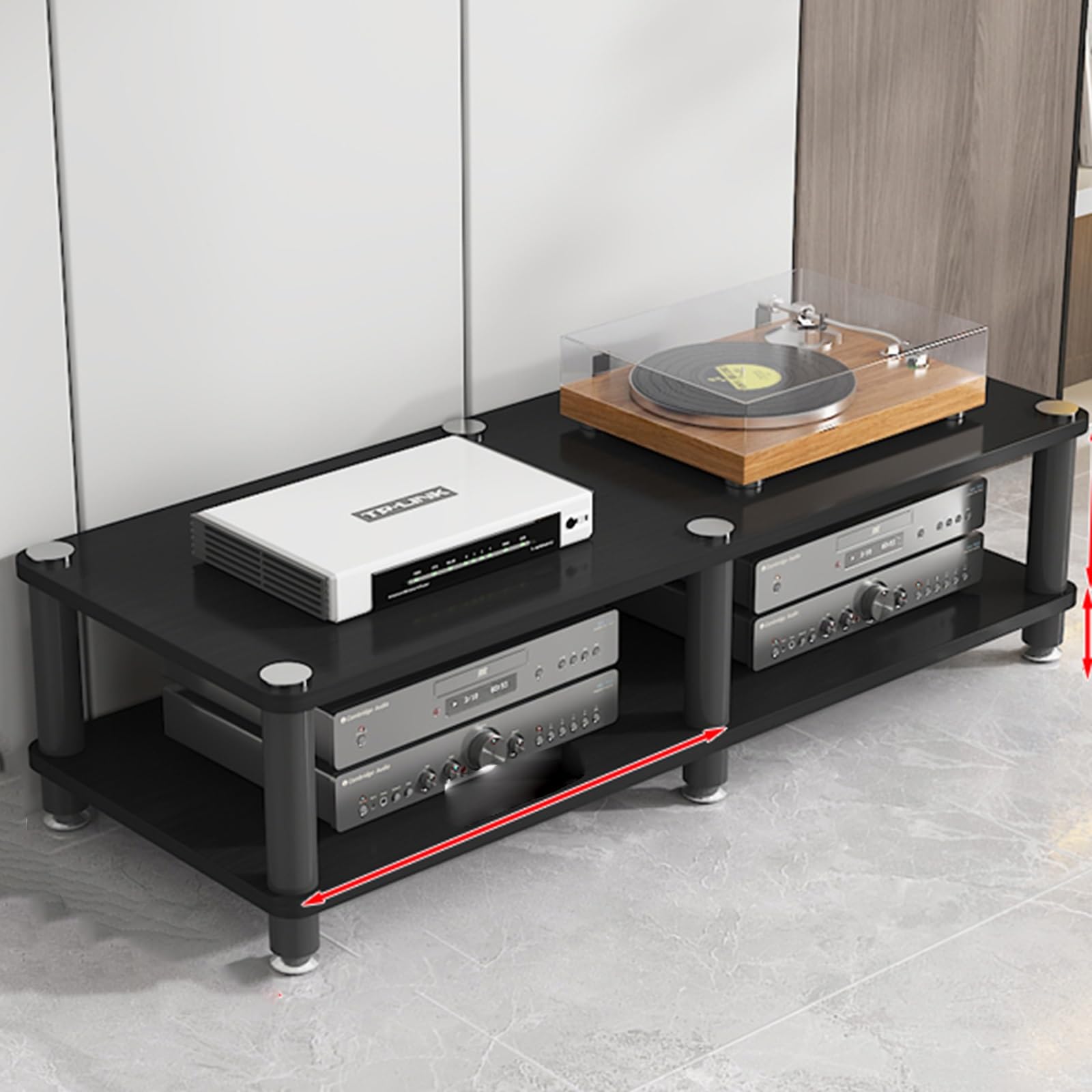 Supporto per giradischi con contenitore per vinili, supporto per altoparlanti, tavolo per giradischi di metà secolo, ripiani angolari in legno, mobiletto per componenti per lettori DVD/decoder via c