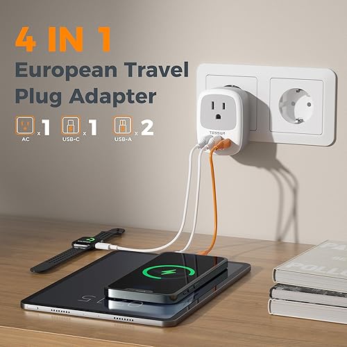 Miniatura 3 de TESSAN - Paquete de 2 adaptadores de enchufe de viaje europeos, adaptador de enchufe TESSAN de Estados Unidos a Europa con 3 puertos USB (1 USB C),