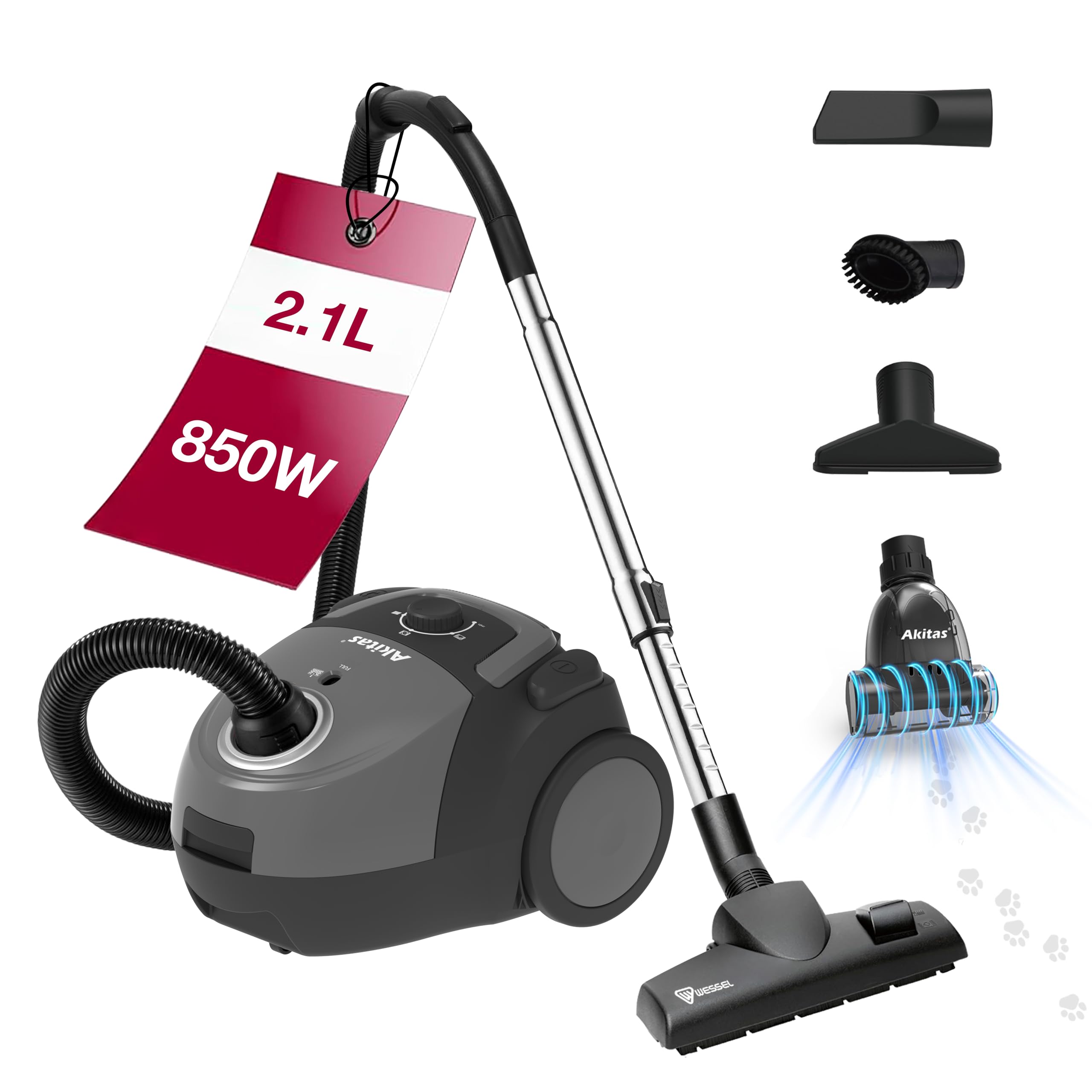 Akitas C5 Turbo Bagged Vacuum Cleaner, 850W Powerful Suction, 9m Reach, German Wessel-Werk Head & Turbo Pet Brush, HEPA Filter for Allergies & Pets, Compact & Lightweight