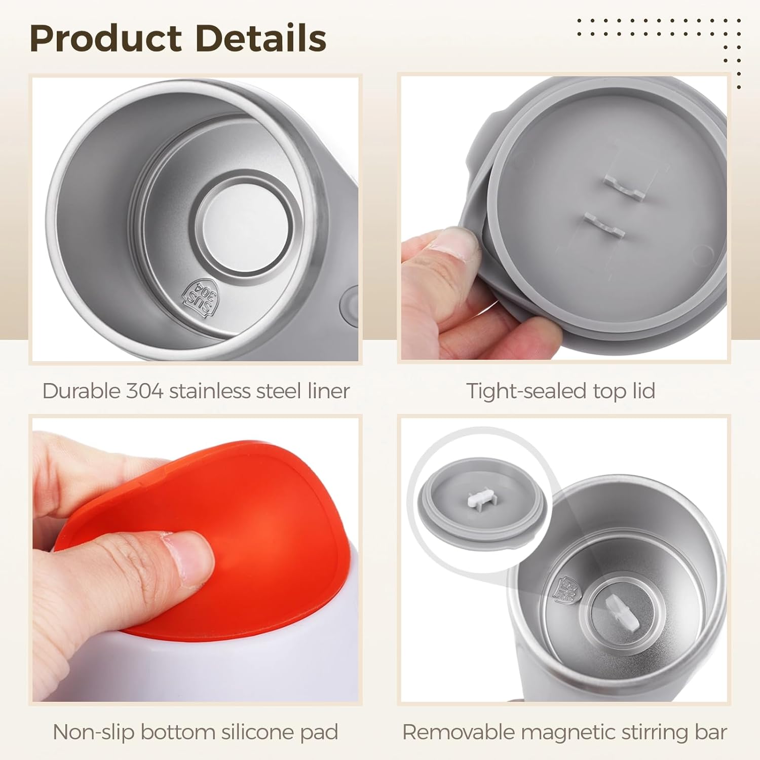 Self Stirring Coffee Mug, 2 Pcs Automatic Magnetic Travel Stirring Mug, 13.3oz Rechargeable Electric Mixing Cups, 304 Stainless Steel Rotating Travel Cups, Christmas Gift Birthday Gifts(White,Coffee) - Image 4