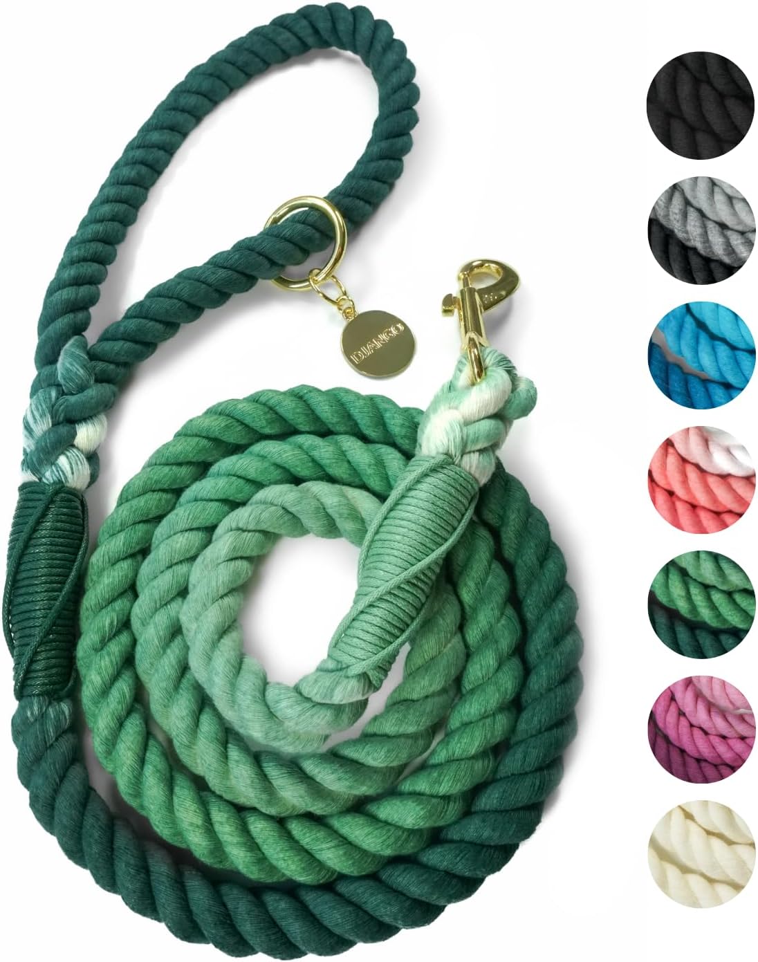 DJANGO Cotton Rope Dog Leash 5ft – Handcrafted Dog Leash and Green Braided Leash for Small, Medium, Large Dogs – Durable 5 Foot Training Lead with Gold Hardware and Whipped Ends – Forest Green Ombre