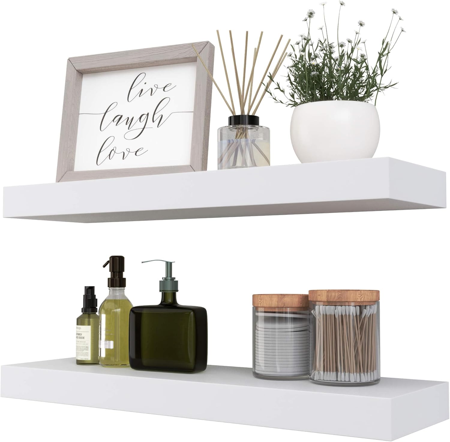 14.9 in White Floating Shelves Set of 2, Wall Mounted Small Shelves, Modern Hanging Shelf for Wall Decor, Display Wall Storage Shelves for Living Room, Bedroom, Bathroom, Kitchen - White 2 White