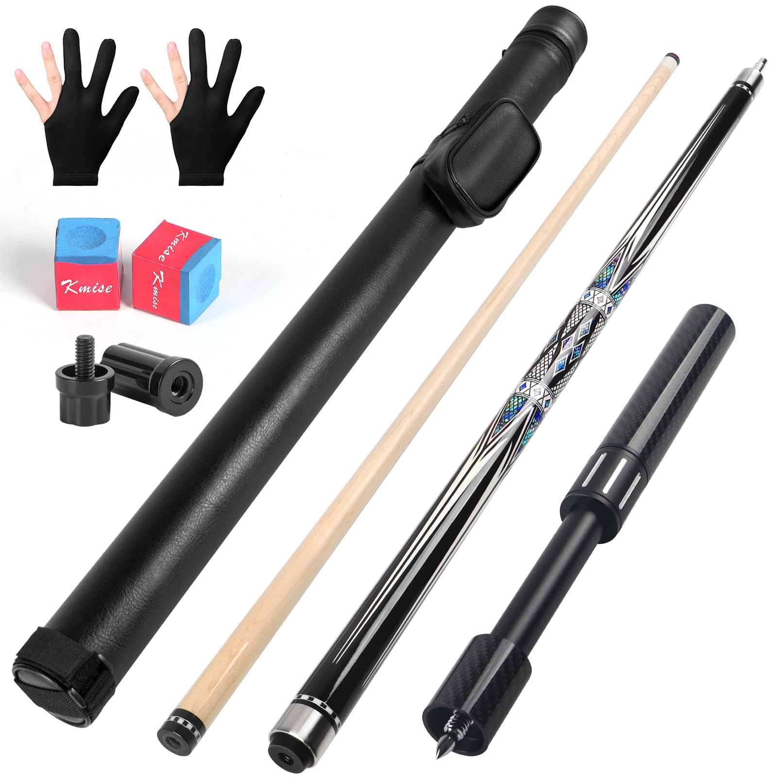 Kmise Taco de Billar de 58 Pulgadas, 19~21 onzas con Taco de extensión de Fibra telescópica, Juego de Tacos de Billar Profesionales Hechos a Mano con Estuche de Cuero para Tacos, Tiza y Guantes