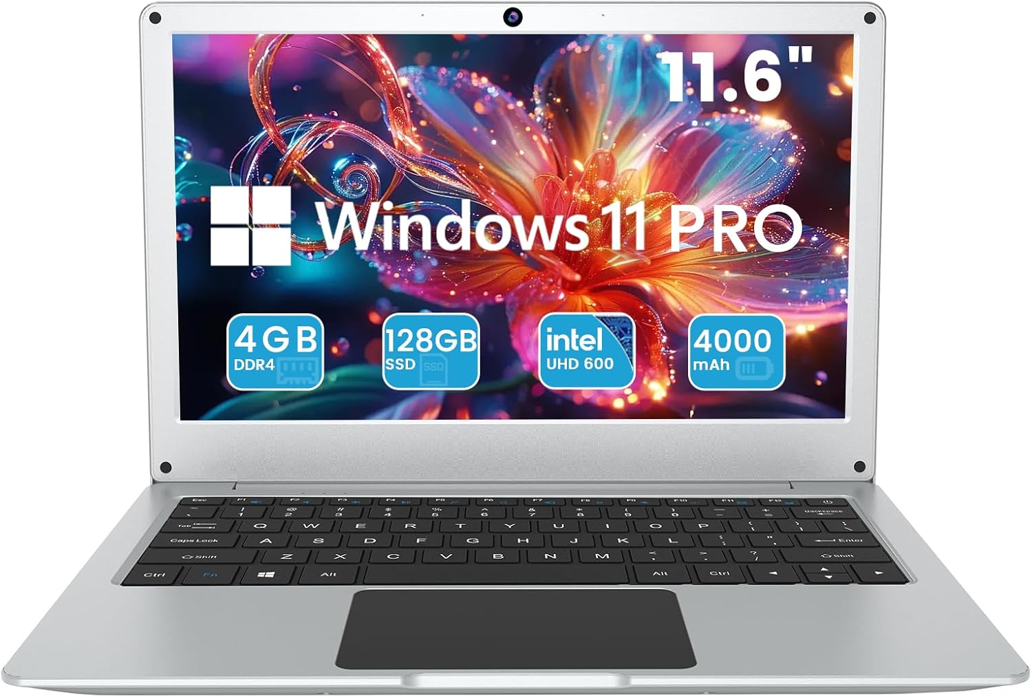 Azeyou 11.6-inch Laptop with Windows 11 Pro, 4GB DDR4 RAM, 128GB SSD, Intel UHD 600 graphics, and 4000mAh battery.