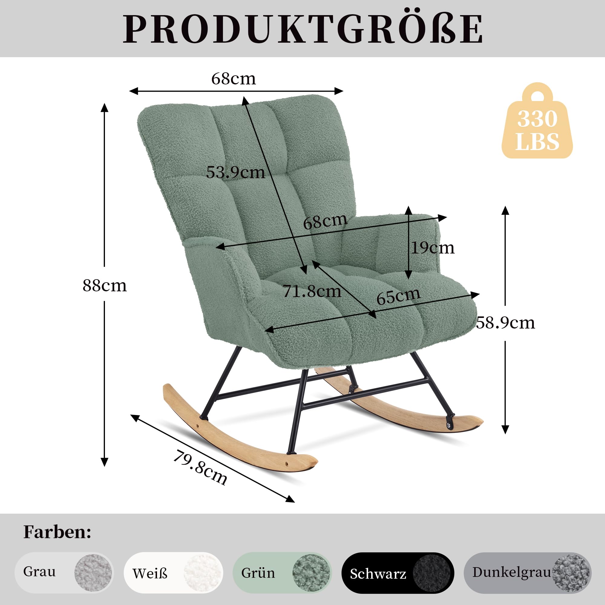 Schaukelstuhl Stillsessel, Teddystoff, Grün | Gepolsterter Schwingsessel, Holzkufen, Mit Armlehne, Für Wohnzimmer, Schlafzimmer, Babyzimmer