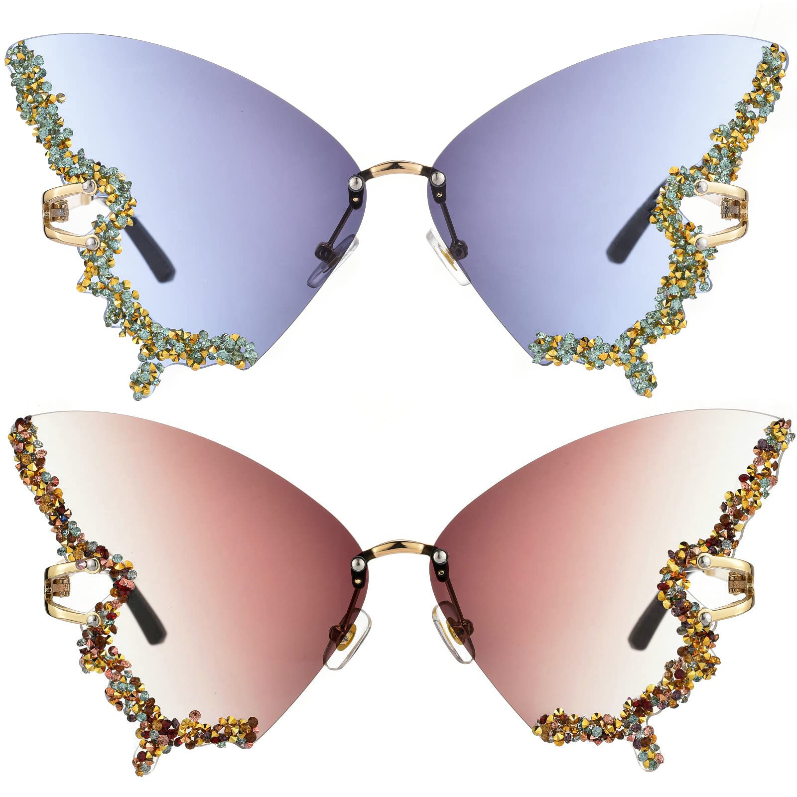 Luxury Diamond Butterfly Sunglasses Women Vintage Rimless Oversized  Rhinestone bling Sun Glasses LadiesY2K Eyewear