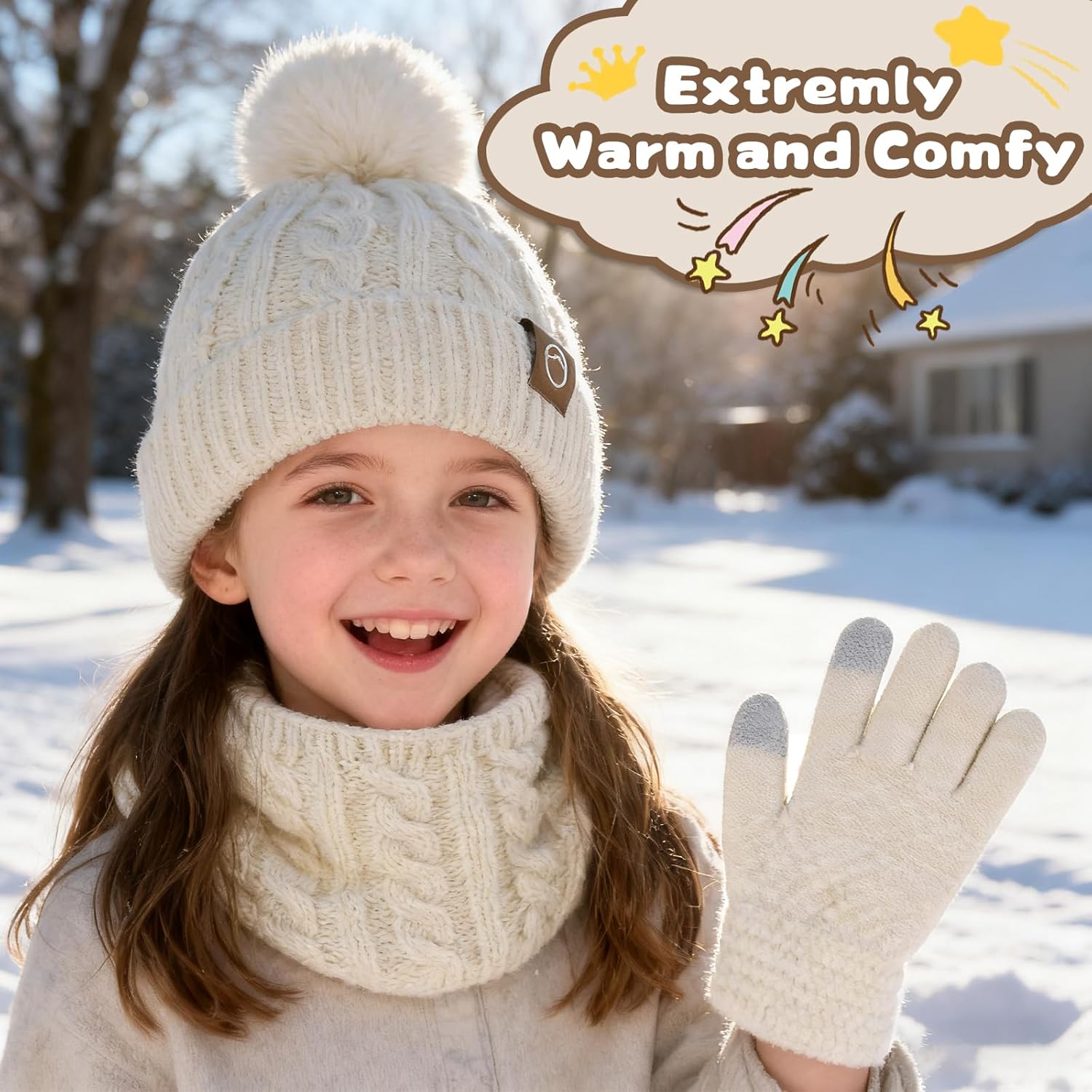 ZOORON Kids Winter Hat Gloves Scarf Set, Girls Boys Hats Beanie with Pom Children Knit Neck Warmer Mittens Fleece Lined Set - Image 5