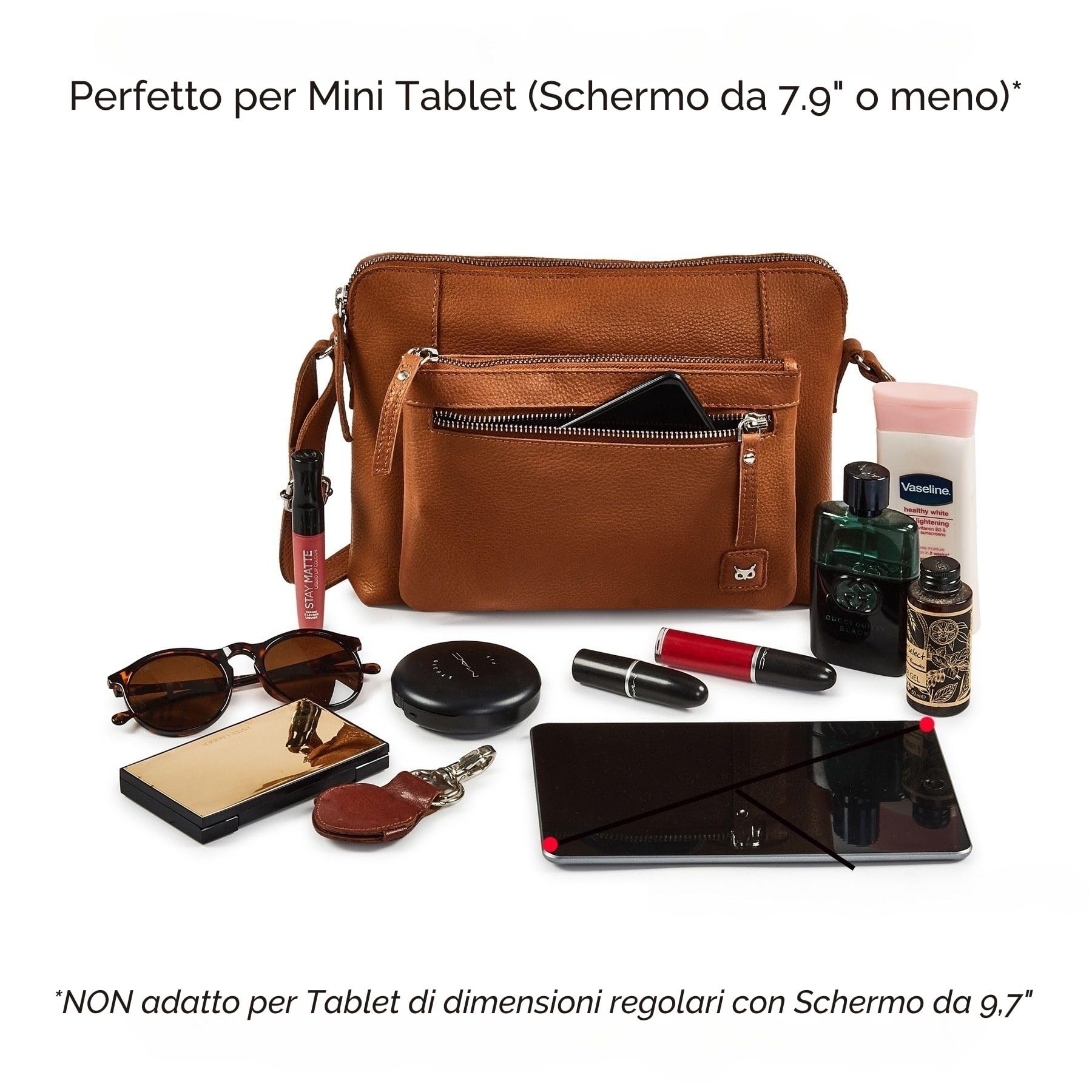 Wise Owl Accessories Borsa tracolla in vera pelle martellata, modello compatto unisex con tasche cerniera, ideale per viaggi, uso quotidiano e organizzazione