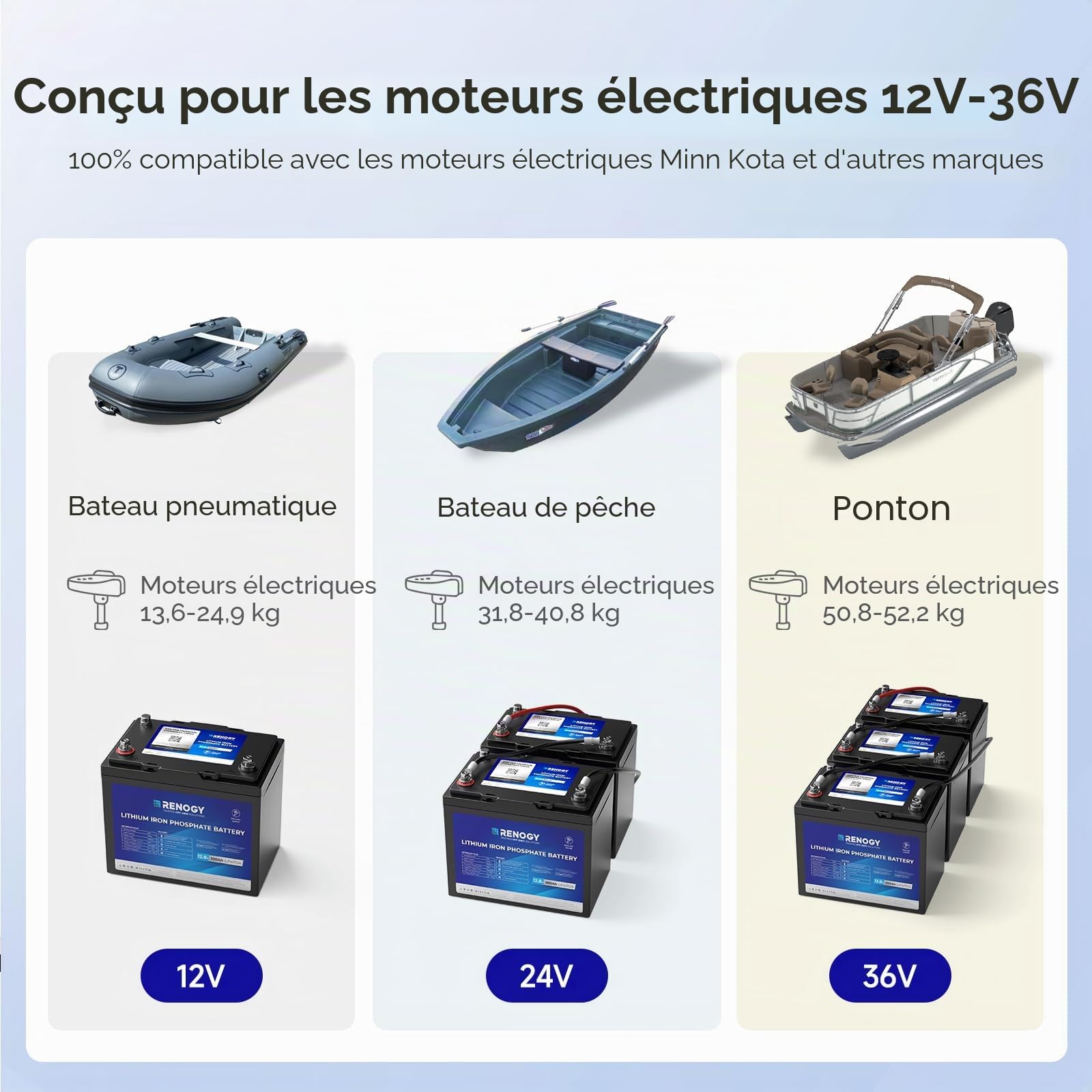 Renogy 12V 100Ah Batterie LiFePO4 au lithium pour moteurs de trolling avec Bluetooth, BMS 150A, 6000+ cycles, batteries à décharge profonde, batterie solaire 12V 100Ah pour moteur de trolling, cabines
