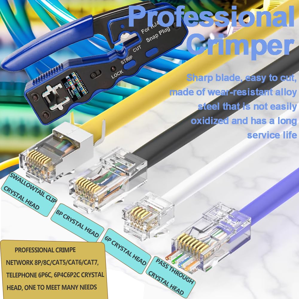MAYLINE RJ45 Pince à Sertir de Testeur de Network LAN Réseau Cable CAT5 CAT6 CAT7 Kit d'outils de Réparation d'Ordinateur Ensemble d'Outil Sertissage Outillage Professionnel de Réseau d'Outils (Jaune)