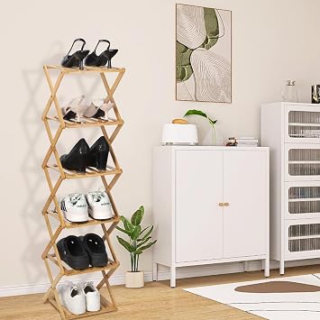 Bamboo Shoe Rack 6 Tier Foldable Shoe Rack Narrow Vertical Shoe Organizer Free Standing Shelf, Multifunctional Slim Storage for Entryway, Corner, Bedroom, Hallway, Wood Color