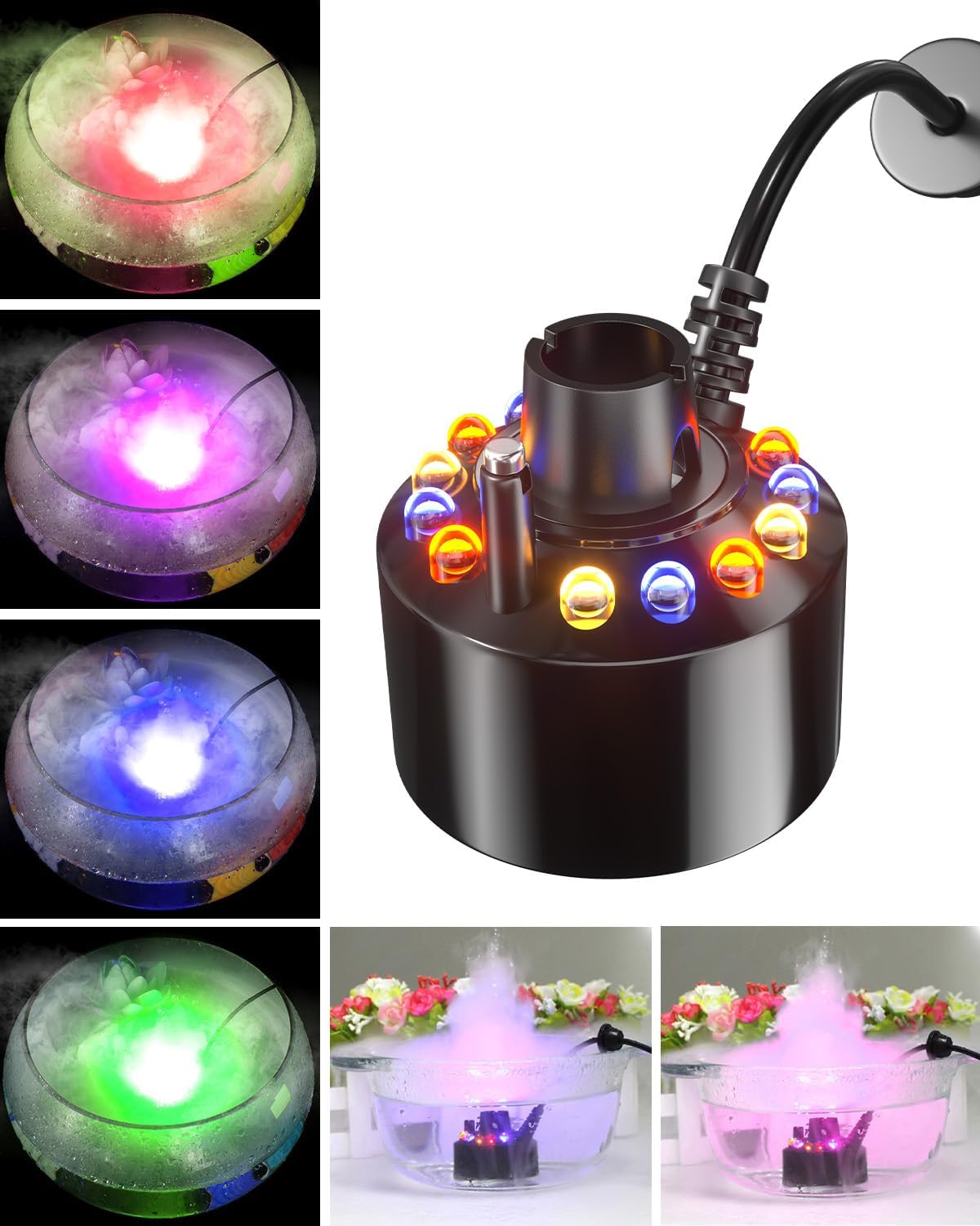 Mist Maker, 12 LED Color Changing Ultrasonic Mini Fogger Water Fountain, 300ml/H Ultrasonic Mist Maker, Pond Fog Atomizer for Halloween/Theme Party, Halloween Fog Machine Cauldron