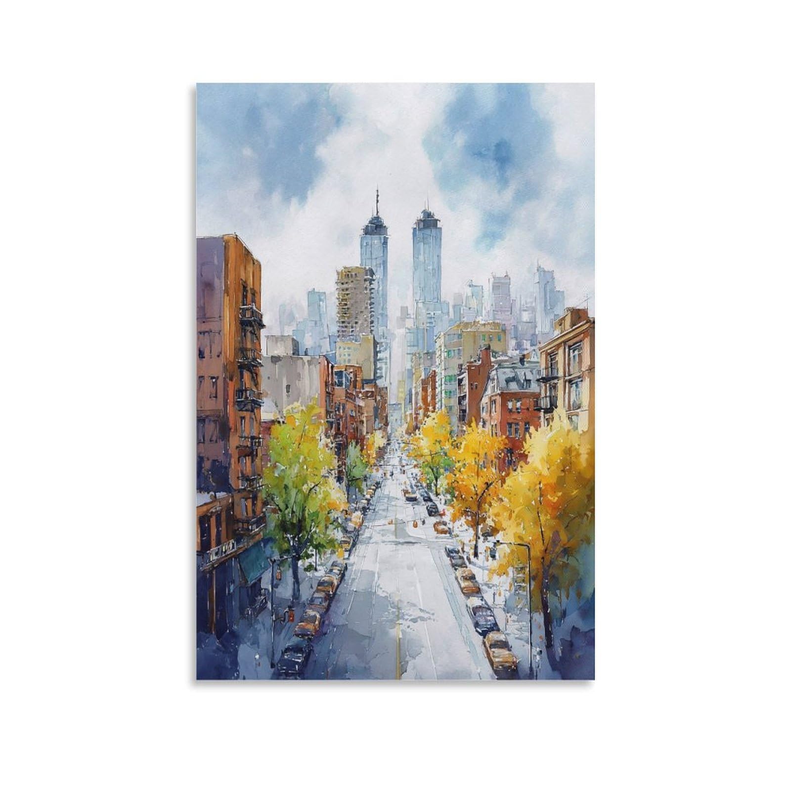 XWYMXZ Brooklyn Watercolor Painting New York Cityscape Posters 24x36inch(60x90cm) Vintage Watercolor Canvas Art