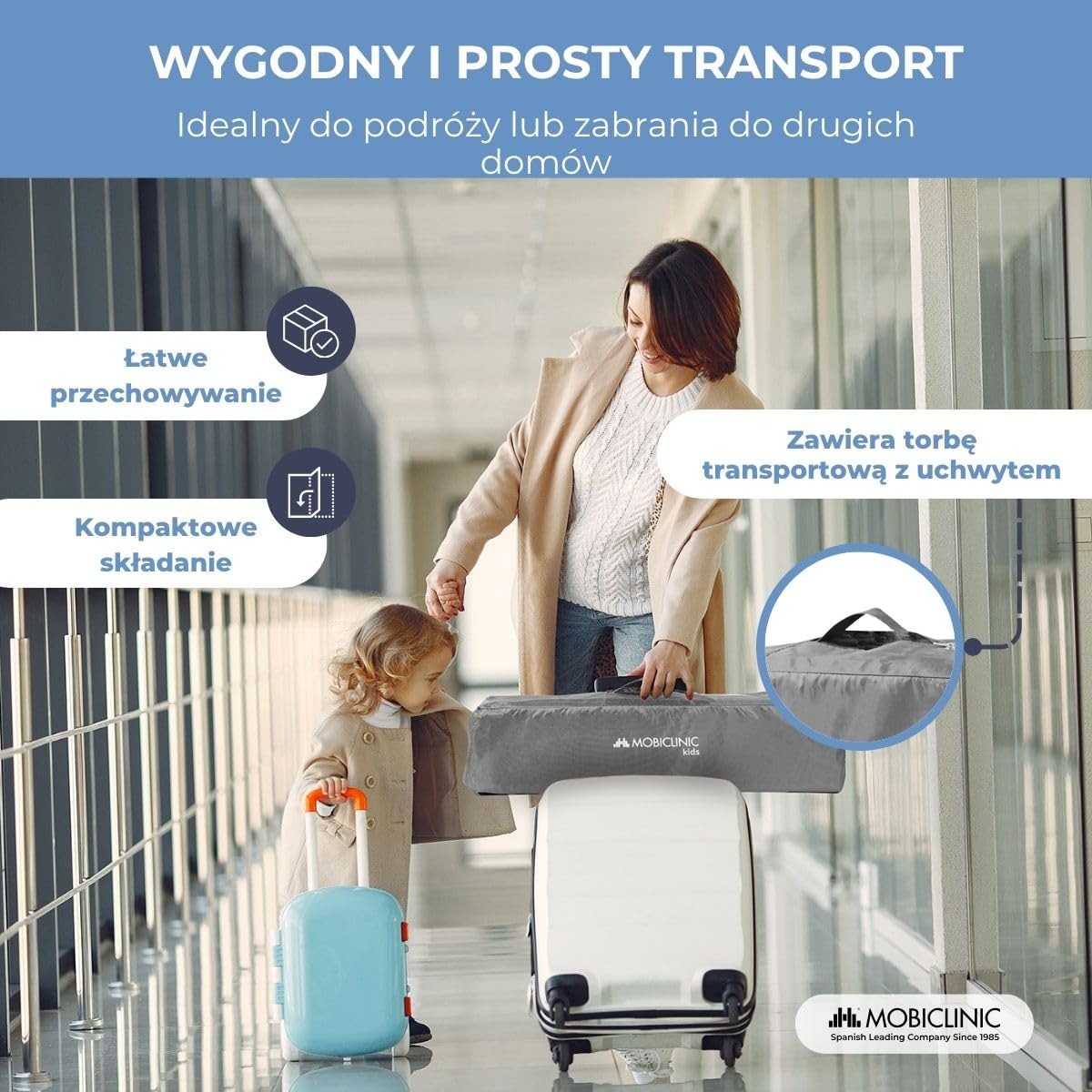 Mobiclinic®, Łóżeczko turystyczne, 2 w 1, Ultrakompaktowe składanie, Wyjmowany materac, Mofli, Do 15 kg, Oddychająca tkanina, Kojec dla dziecka, Kółka (szary)