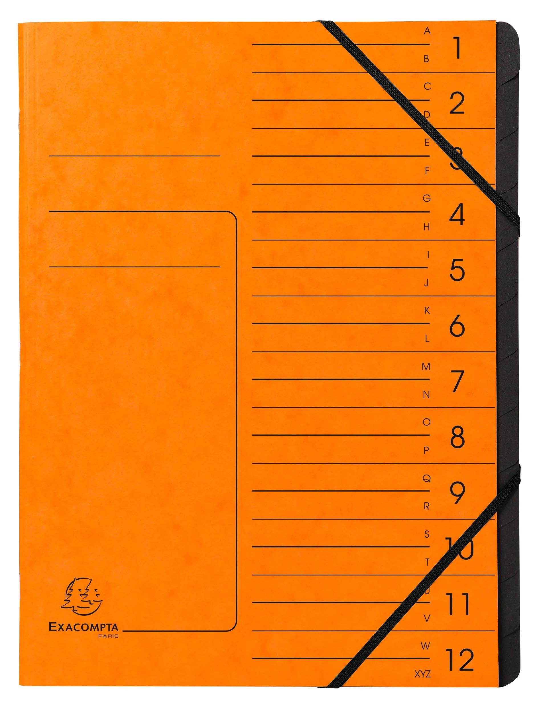 Exacompta - Ref. 541204E – Caja de 10 clasificadores, con gomas – cubierta impresa en tarjeta brillante e interior en tarjeta reciclada negra – 12 compartimentos – 24,5 x 32 cm – A4 – naranja
