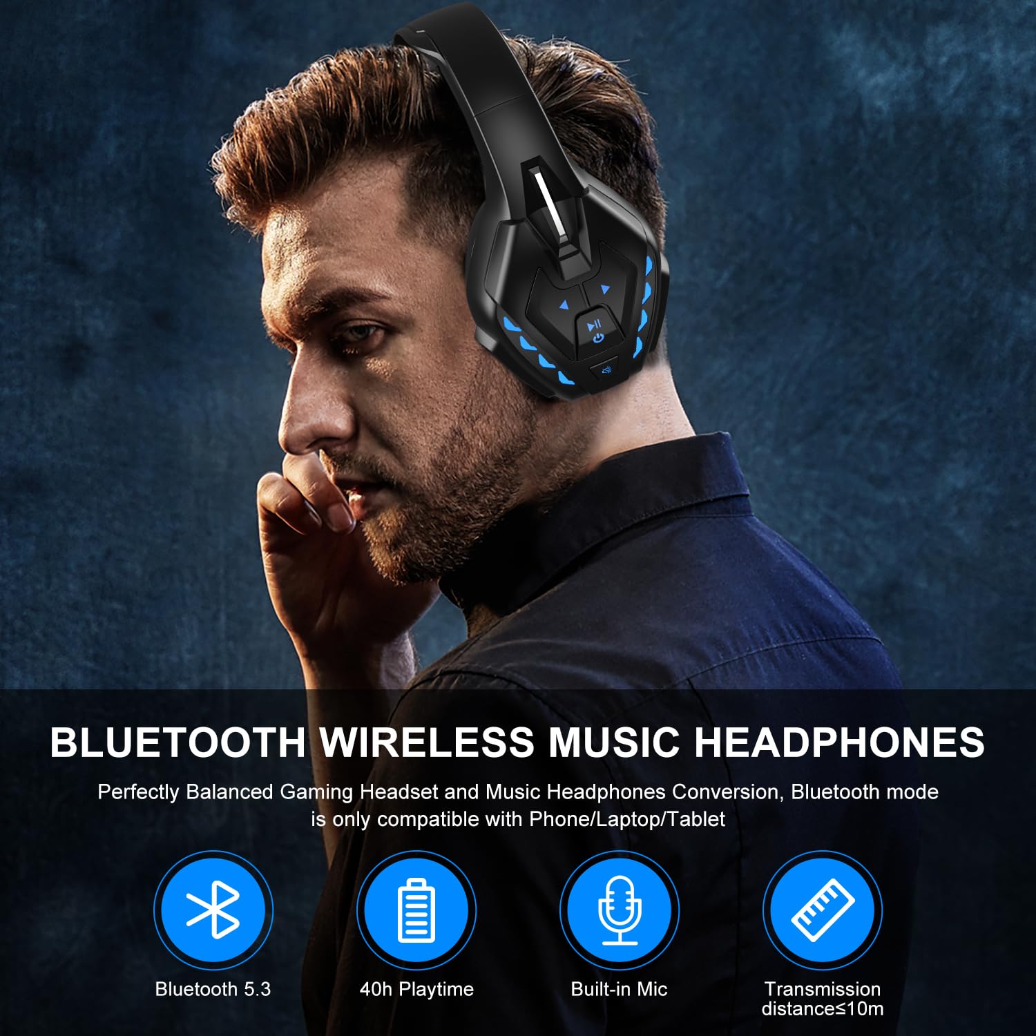 PHOINIKAS Gaming-Headset mit Abnehmbarem Mikrofon mit Geräuschunterdrückung, Bluetooth nur für Mobiltelefone, 3,5-mm-Audiokabel für PS4/PS5/Xbox One/PC/Switch, 40 Stunden Akkulaufzeit, LED-Licht