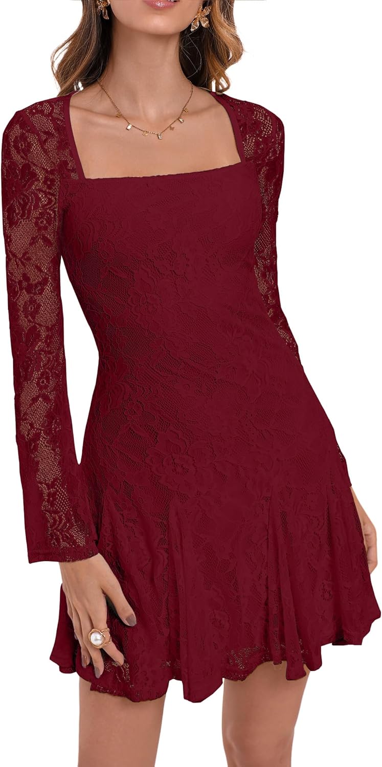 HYPERFIRE Women's Square Neck Floral Lace Mini Dress Flowy Short Dress Mesh Night Out Dresses Club Outfit - Image 6