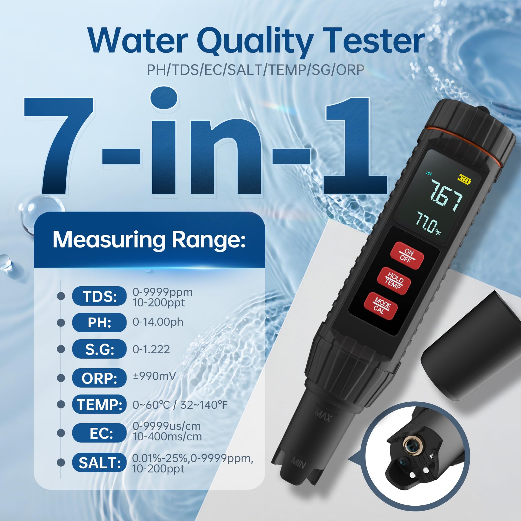 Forever Speed Medidor de pH Agua 7 en 1 pH Meter pH/TDS/EC/ORP/SALT/S.G./TEMP Alta Precisión para Piscina Acuario
