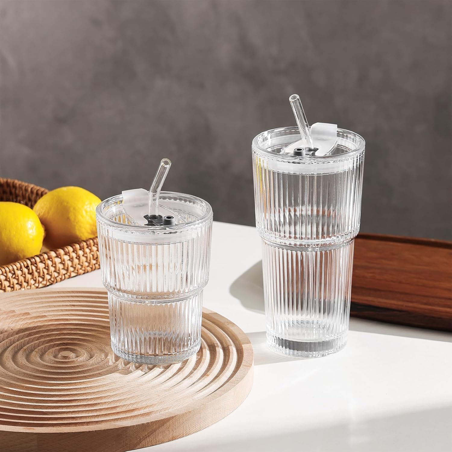 Ribbed Drinking Glasses with Lids & Straws, Leak-Proof 20oz and 15oz Glass Cups, 8PCS Glass Tumblers, Ideal for Home, Office, Outdoor Use