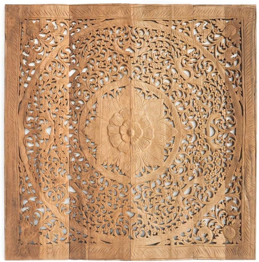 Modern Floral Single Wood Carving Double Bed Wooden Headboard Hand Carved Artworks Sculpture In Thailand 48 Inches