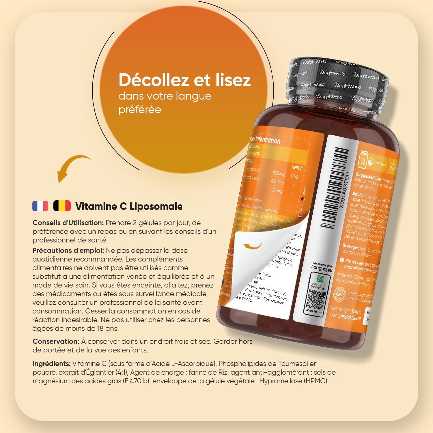Vitamine C Liposomale 1000mg, 180 Gélules Vegan, Vit C 1000mg Liposomale Gélules, Acide Ascorbique Enrichie avec Extrait d'Églantier (Cynorrhodon) & Phospholipides de Tournesol pour 3 Mois