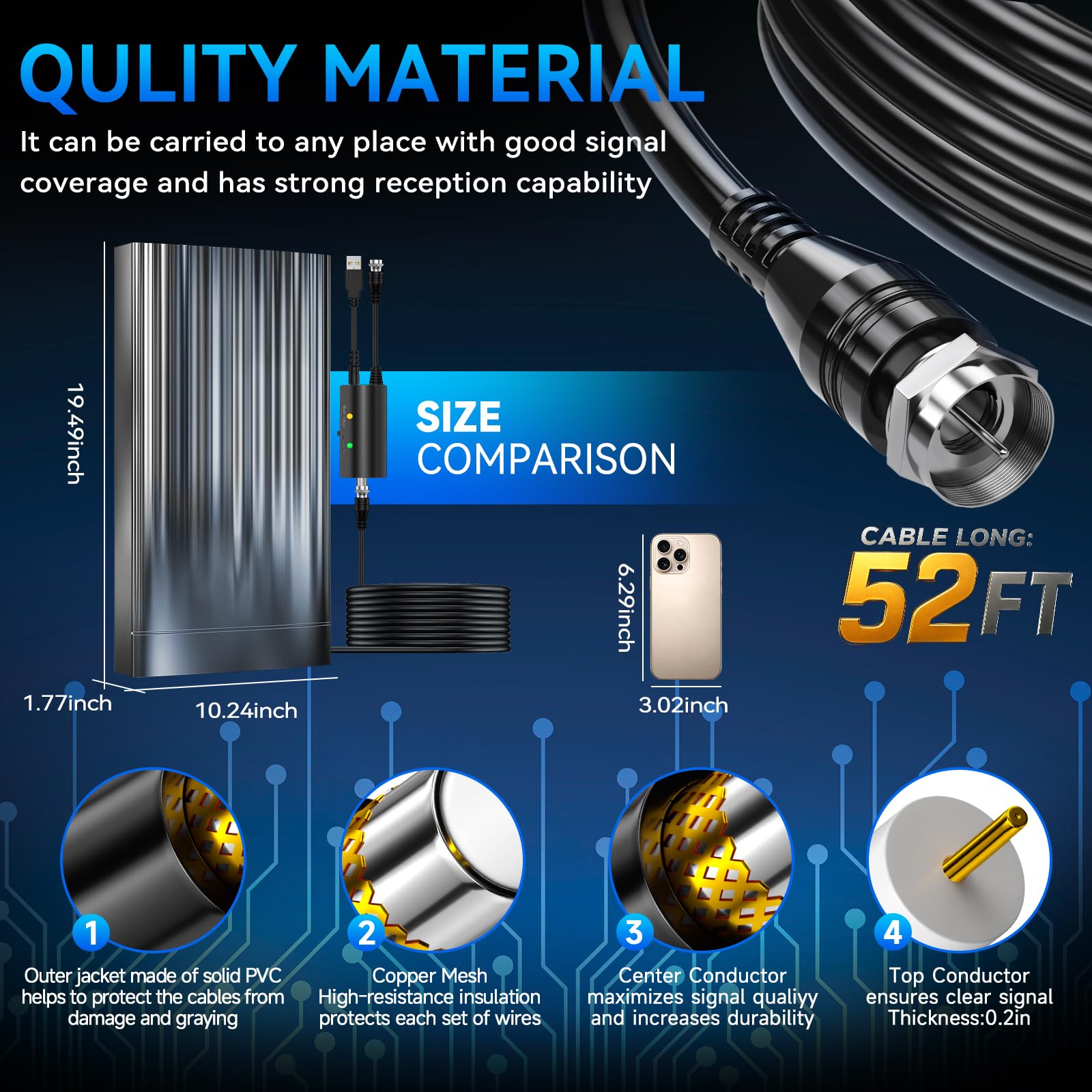 Antenna per TV da interni, antenna digitale per Smart TV all'aperto, supporto HDTV 8K 4K 1080p