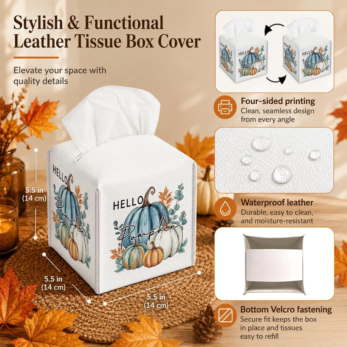 Bule Pumpkin Fall Decorative Tissue Box Cover Leather Tissue Box Holder image 3