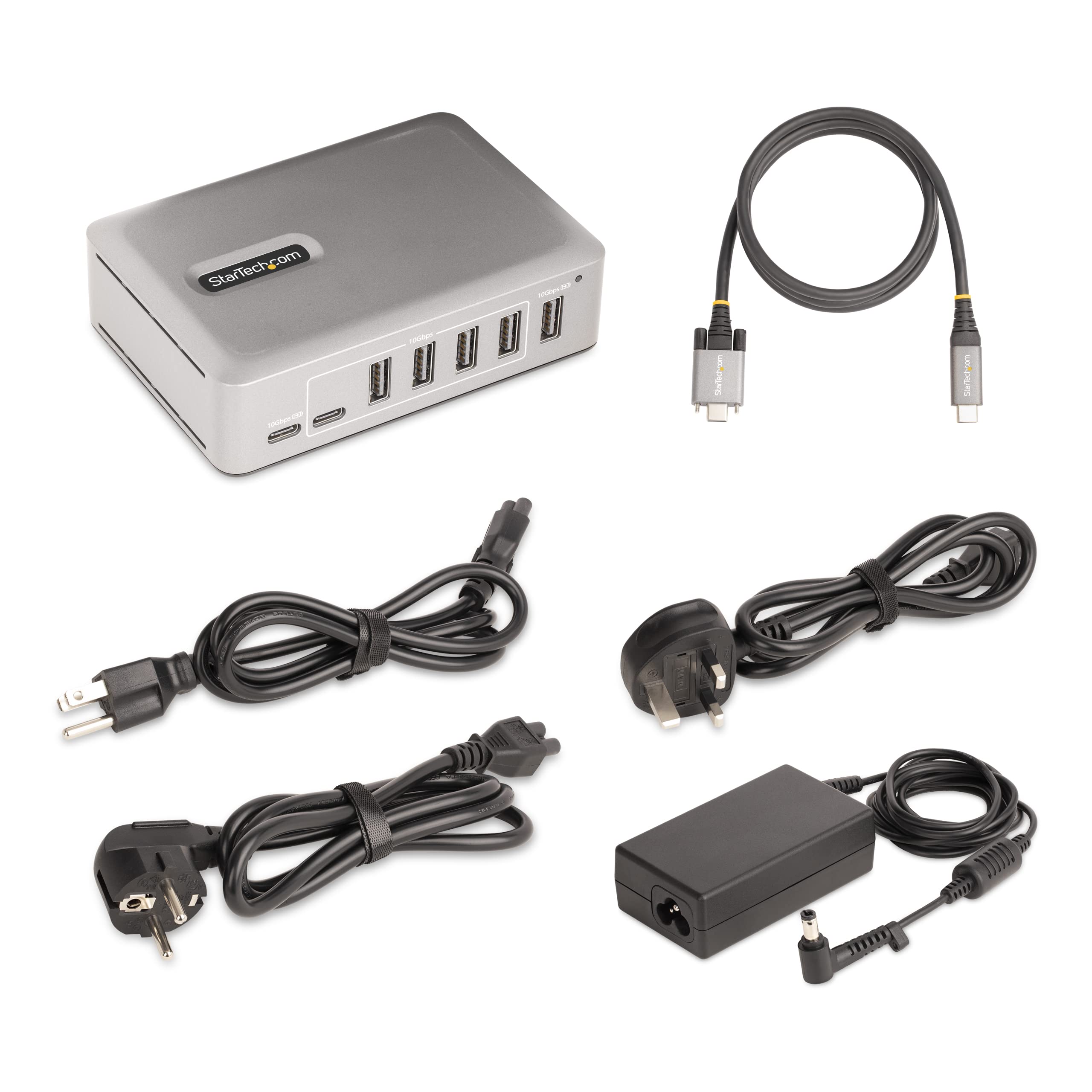 StarTech.com 7-portowy koncentrator USB-C - 5 x USB-A/2 x USB-C - samoczynnie zasilany z zasilaczem 65 W - USB 3.1 10 Gb/s, koncentrator USB do komputera stacjonarnego/laptopa z kablem blokującym z certyfikatem USB-IF - rozdzielacz USB C (10G5A2CS-USB-C-H