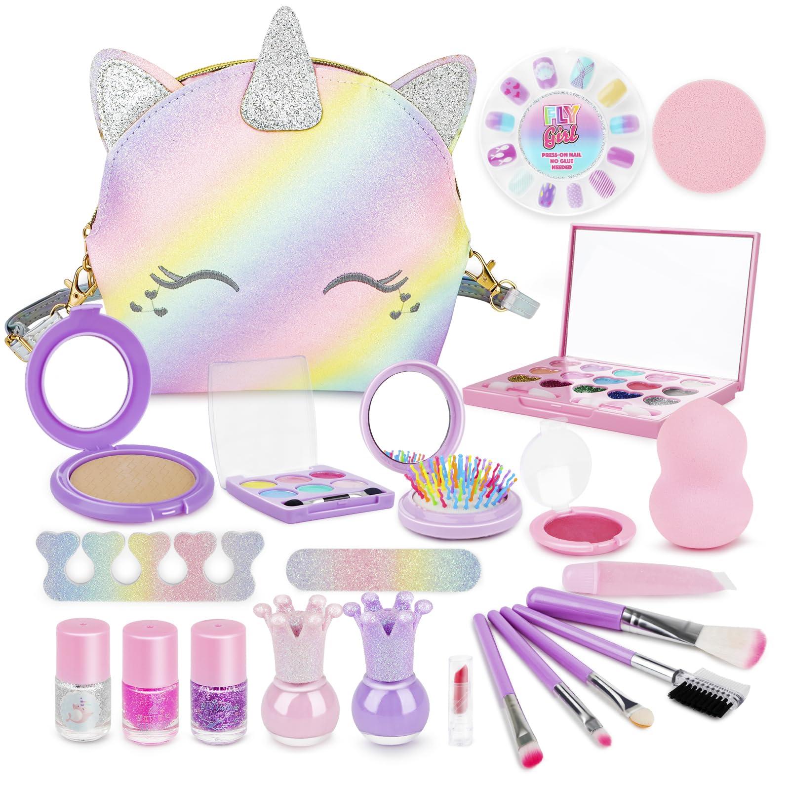 deAO Kit de Maquillaje Niñas, Juego de Maquillaje Seguro y No Tóxico con Pintauñas Niñas y Bolsa de Mensajero para Niñas, Juguete de Maquillaje para Princesas 3 4 5+ Años