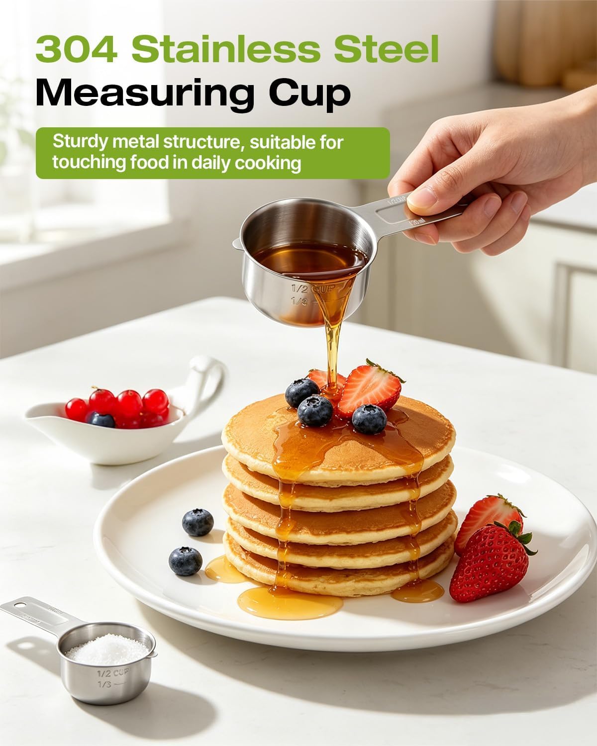 1/2 Cup (120ml, 4oz) Measuring Cup, Stainless Steel Measuring Cup, Metric and Us Measurement, Measure Scoop for Hotels, Homes, Restaurants, and Dessert Shops (2 PCS)