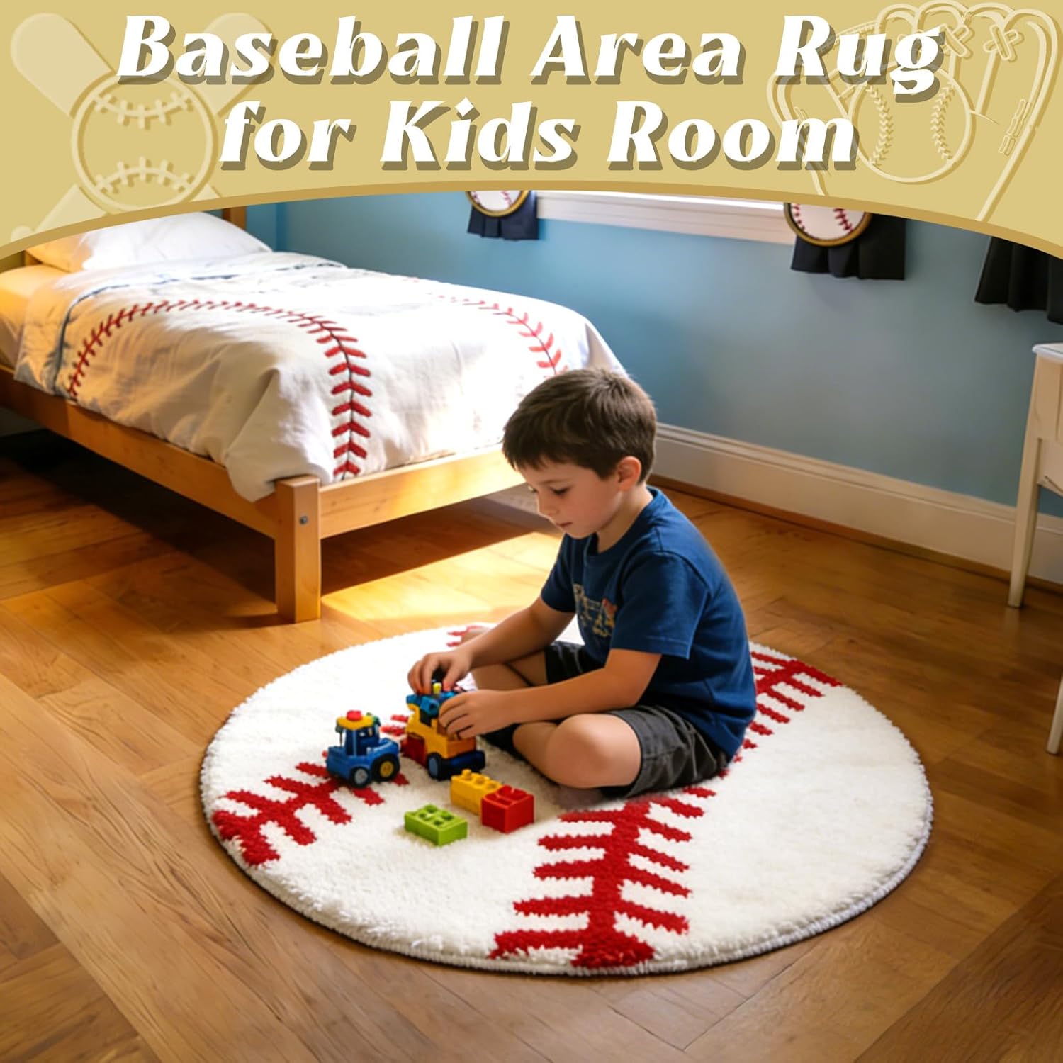 31.5 Inch Round Baseball Rug Sports Carpet with Non-Slip TPR Backing Soft Washable Area Rug for Boys Bedroom Living Room Playroom Room Decor Gifts for Baseball Lovers Sports Fans