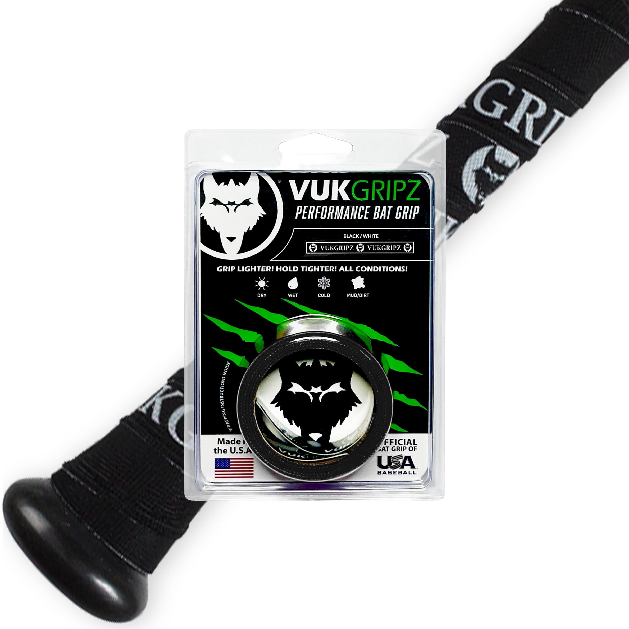VukGripz Legacy Black Baseball Bat Grip Tape - Non-Sticky, Friction-Based, Moisture-Wicking Softball Bat Tape Grip, Non-Slip, Reusable, Boosts Speed & Control, Durable Grippy Wrap, Made in USA