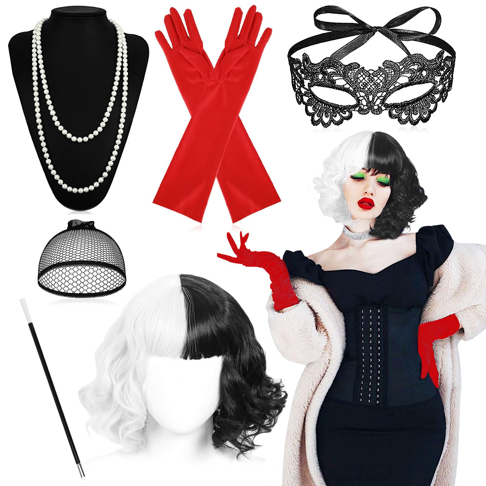 Parrucca Crudelia Demon, Set di Accessori Anni '20, Crudelia Demon Accessori con Parrucche Cosplay per Maschera di Pizzo Guanti, Accessori Carnevale Donna, per Halloween, Carnevale, Cosplay