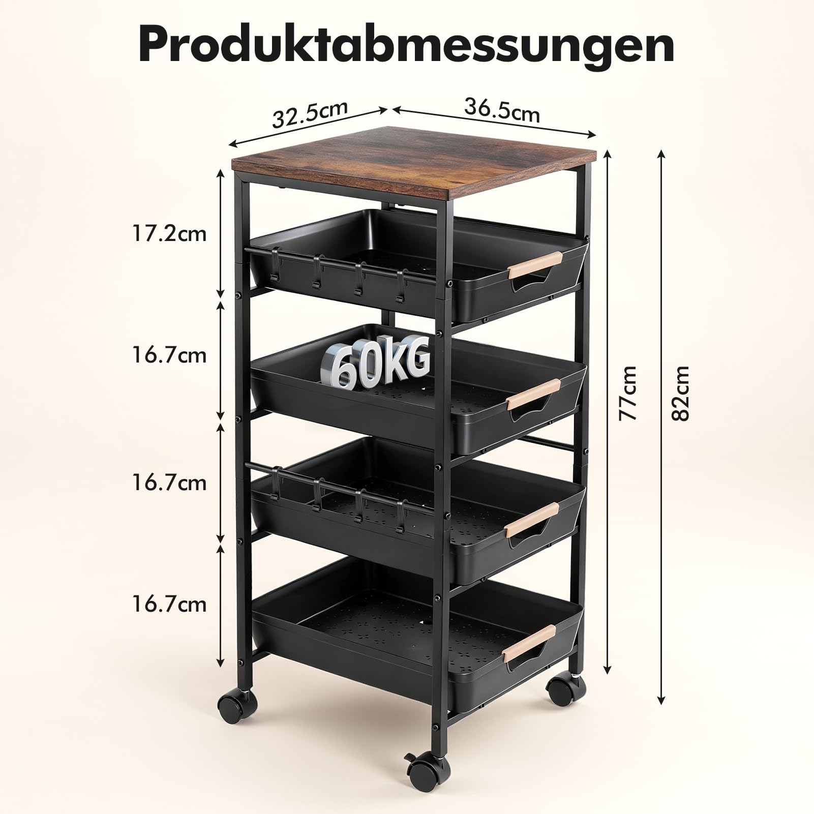 Rollwagen mit Schubladen 5-Stöckiger, Rollwagen Metall Küchenwagen auf Rollen, Aufbewahrungswagen aus Metall mit Holzplatte, Belüfteten Körben und Rollen, Snack-Organizer für Obst, Gemüse, Mikrowelle