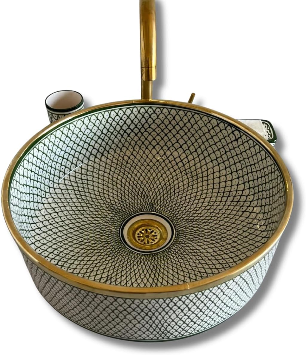 Round Modern Above Counter Bathroom Sink, Bathroom Vessel Sink with Brass Rim Edge, Handwash Vanity Basin, Farmhouse Bathroom Bowl, Hand Painted Wash Basin Sink with 2 Gifts (14"= 35cm)