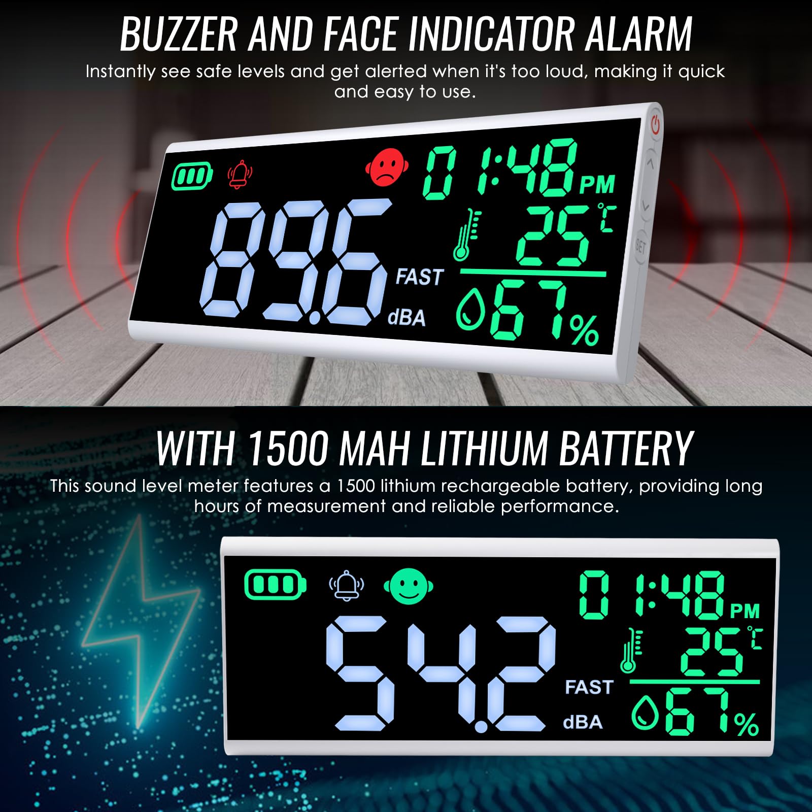 Decibel Meter 13 inches 30~130dB Sound Level Meter, Large LCD Display Wall Hanging Sound Gauge, Noise Level Detector, Decibel Monitoring Device, Time, Temperature, Humidity for Studio Classroom Home — Amazon image 3