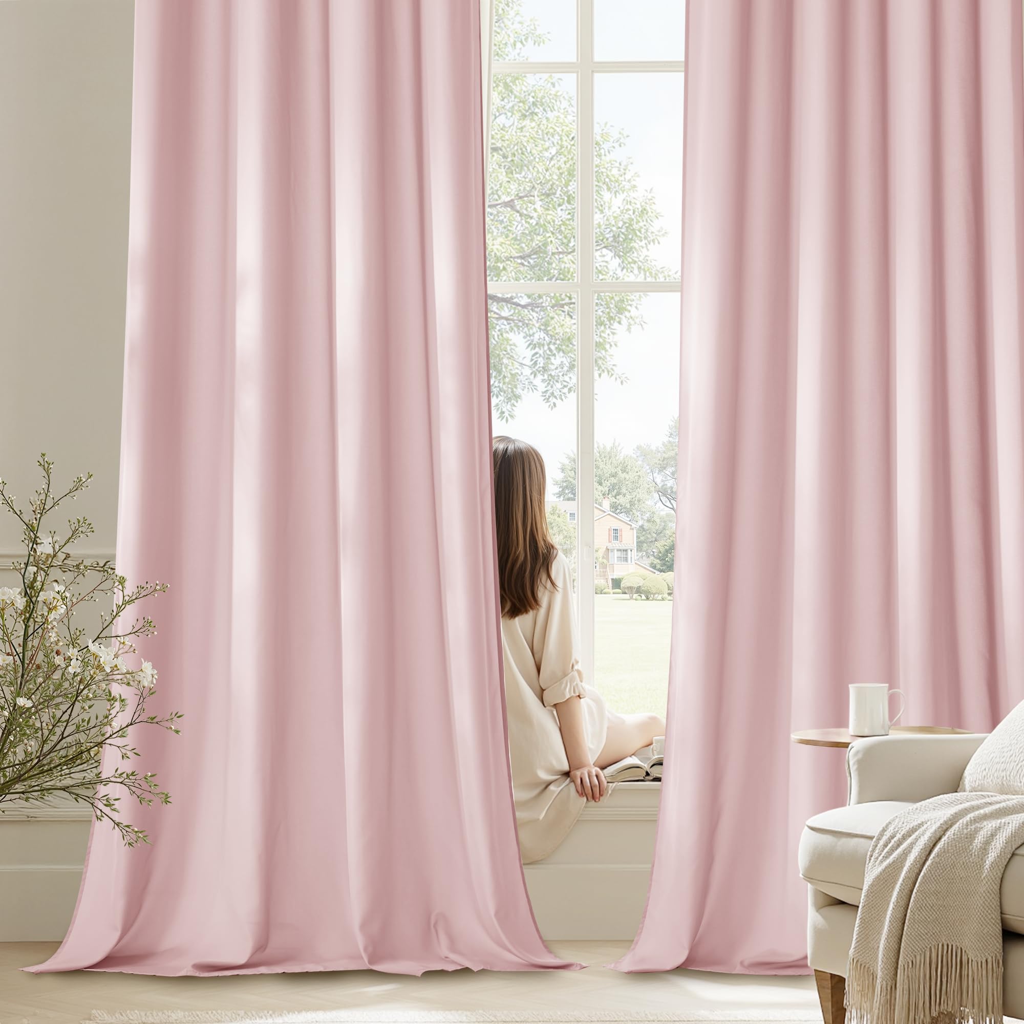 PONY DANCE Non-See-Through Net Curtains for Windows 54 Drop - Privacy Protect Baby Pink Voile Curtains with Eyelet Top with Elegant Smooth Texture Look for Kitchen/Living Room, Set of 2, 52 Inch Wide โ image 1